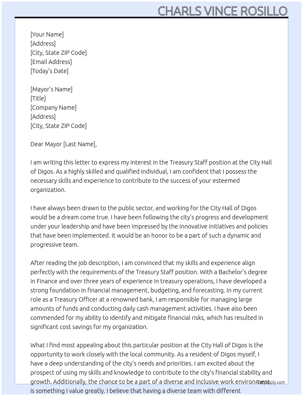 Treasury staff At City hall of Digos  Cover Letter