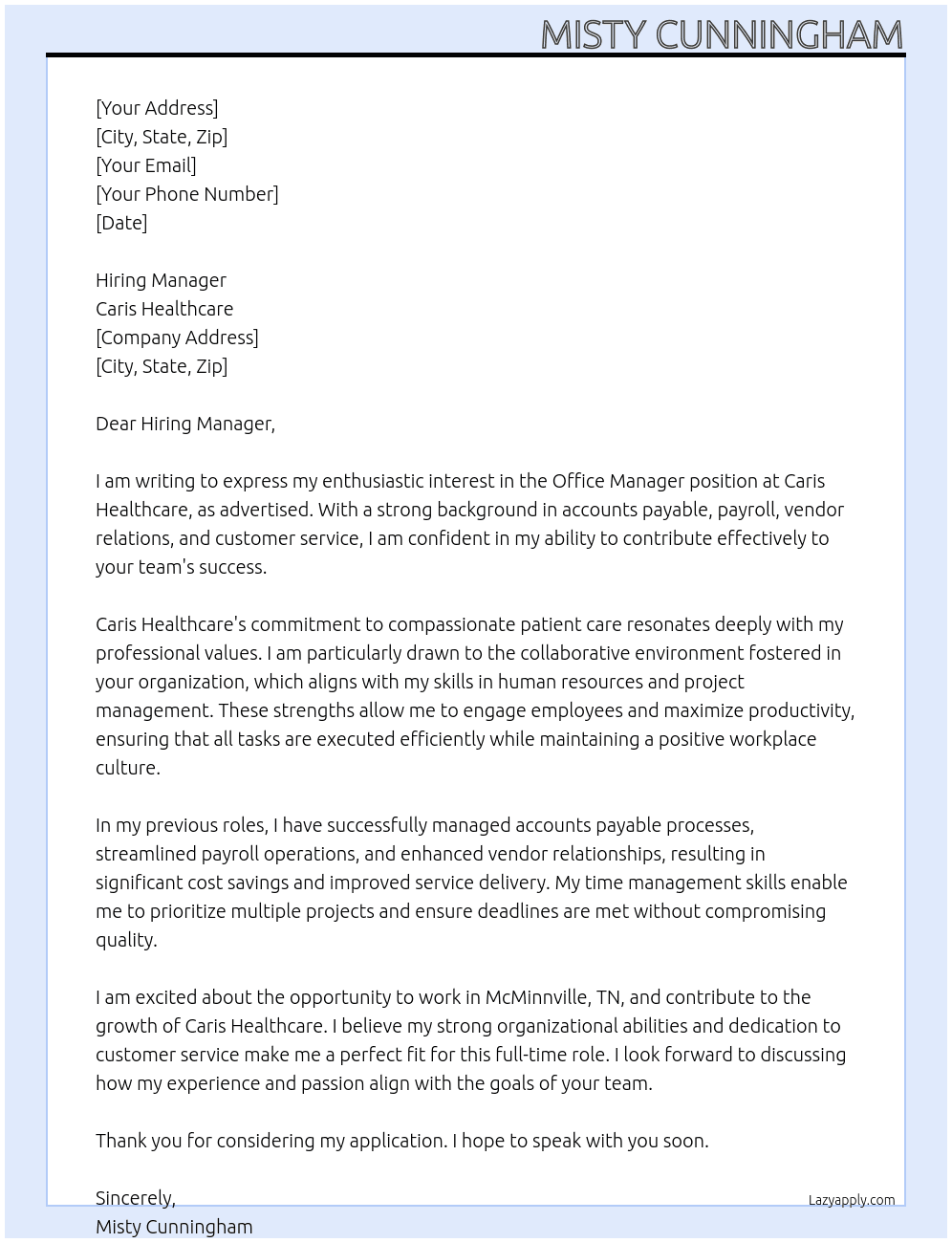 Office Manager At Caris Healthcare Cover Letter
