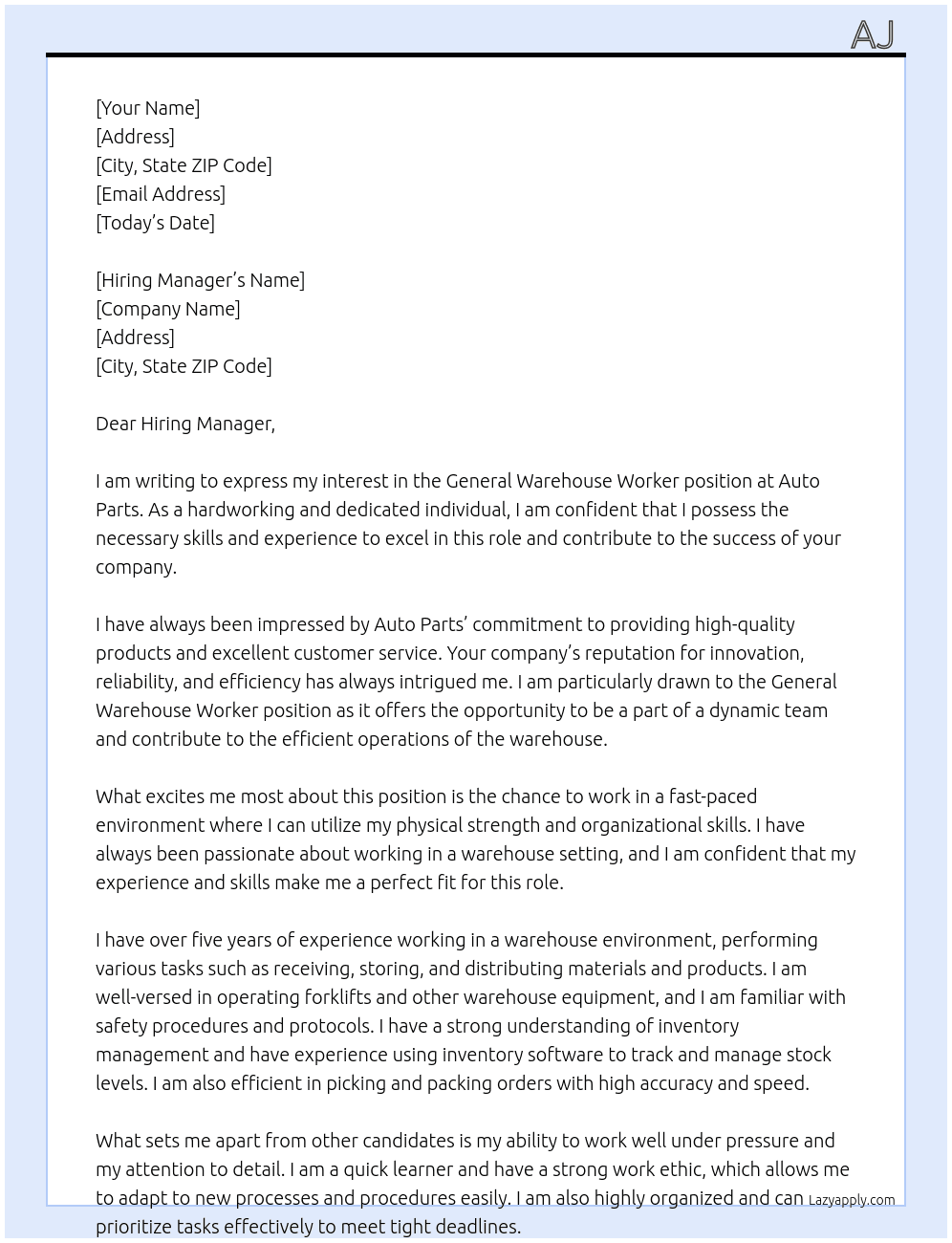 general warehouse worker  At Auto Parts Cover Letter