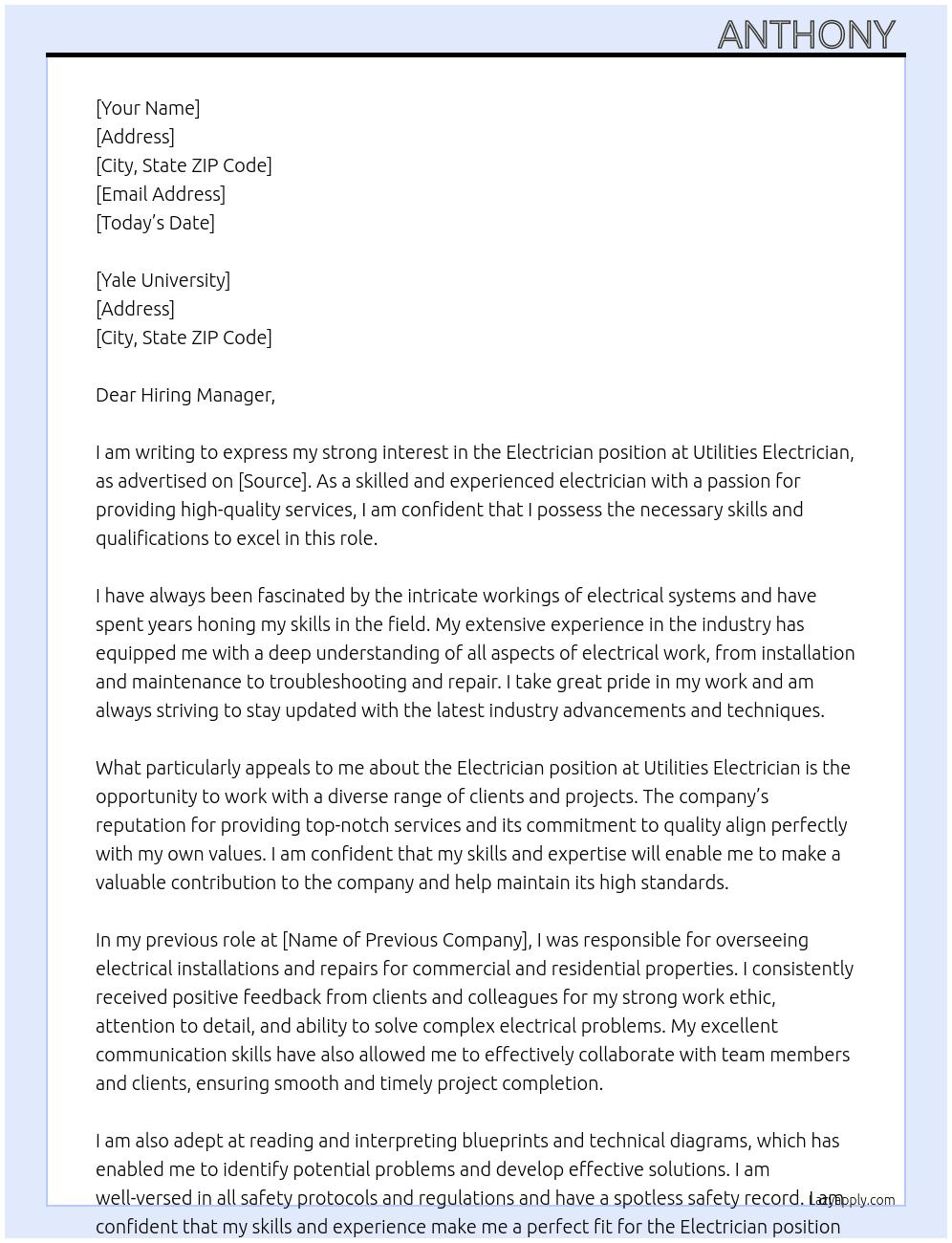 Electrician  At Utilities Electrician Cover Letter