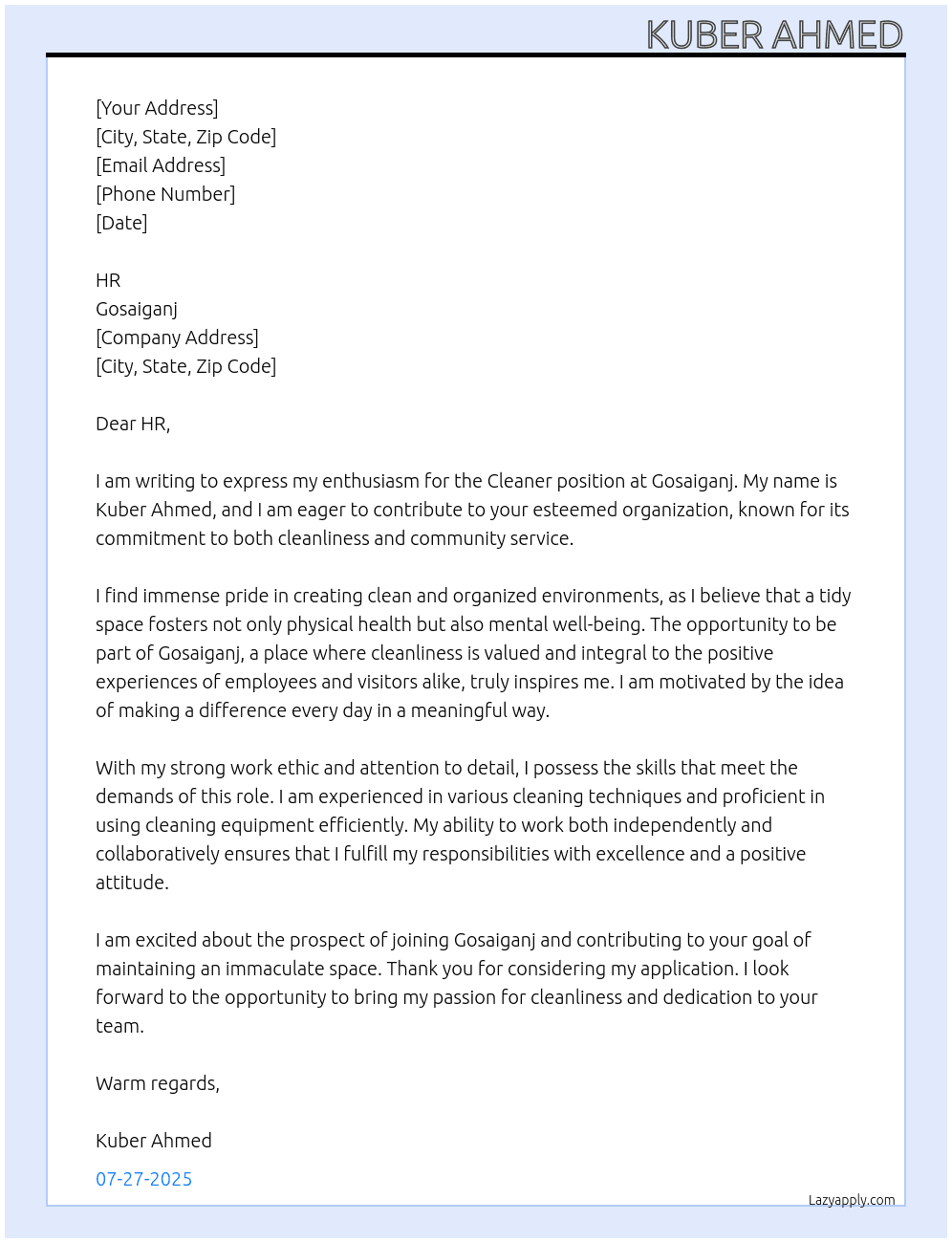 cleaner At Gosaiganj Cover Letter
