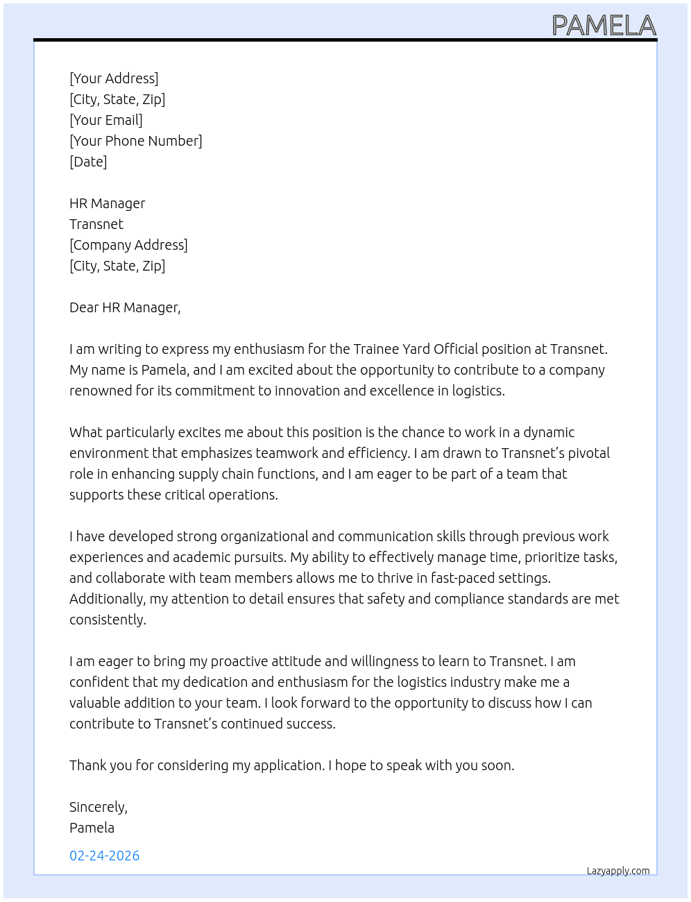 trainee yard official At transnet Cover Letter