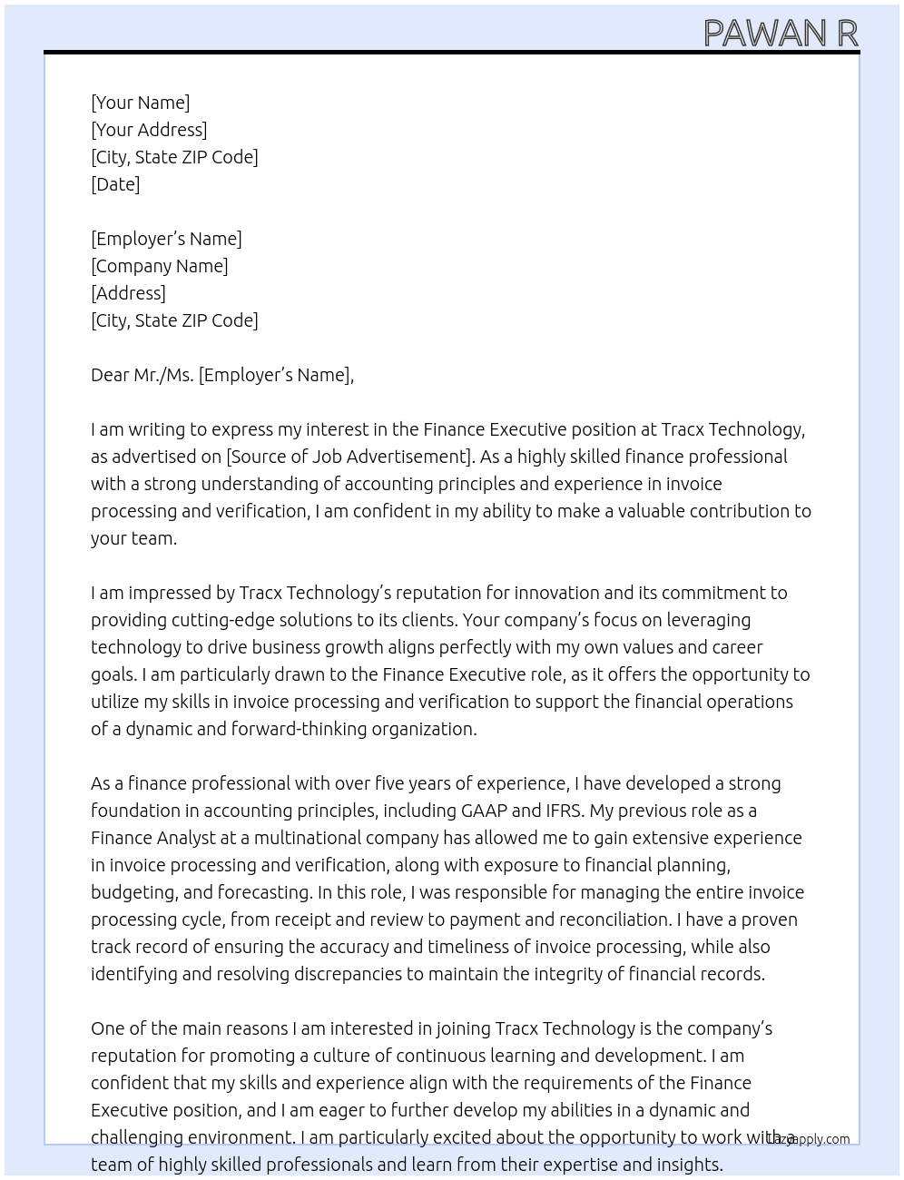 Finance Executive  At Tracx Technology  Cover Letter