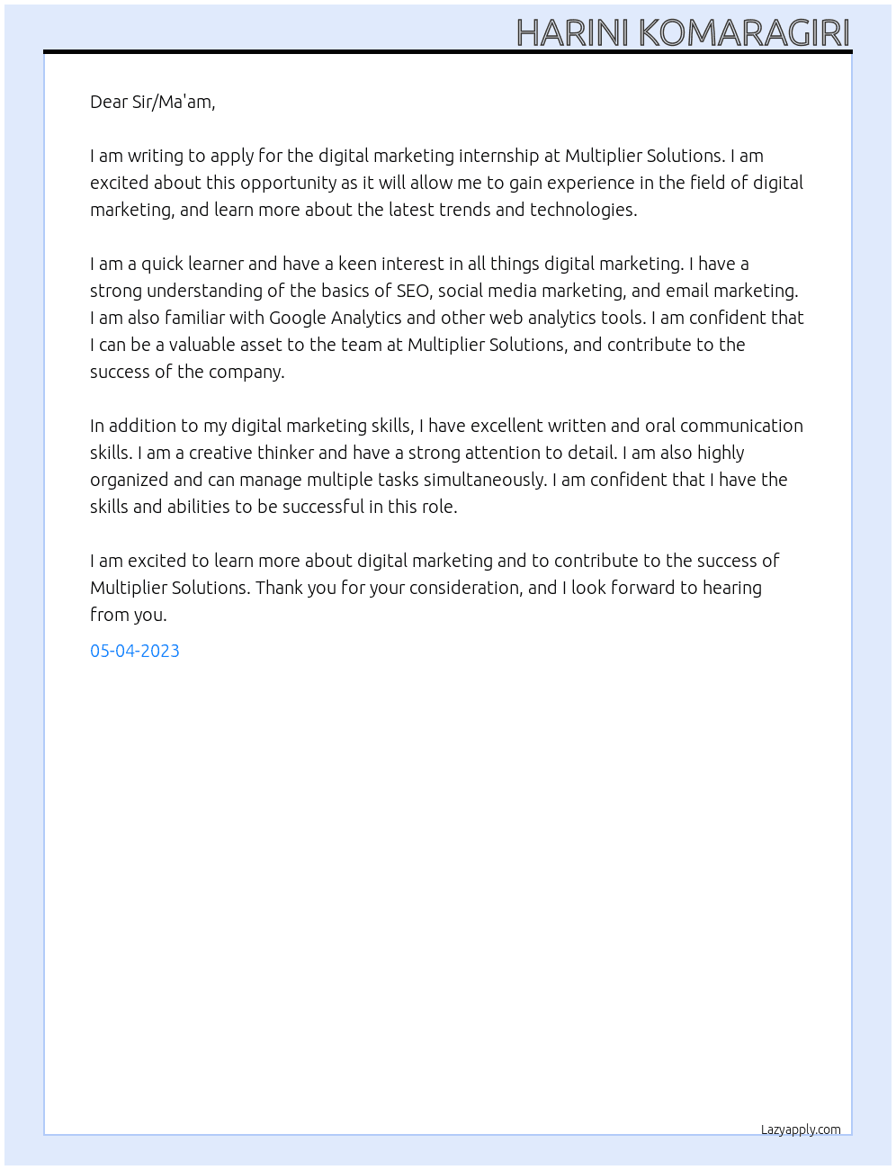 Digital marketing internship At Multiplier solutions Cover Letter