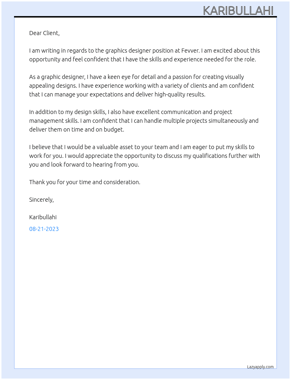 Graphics designer At Fevver Cover Letter