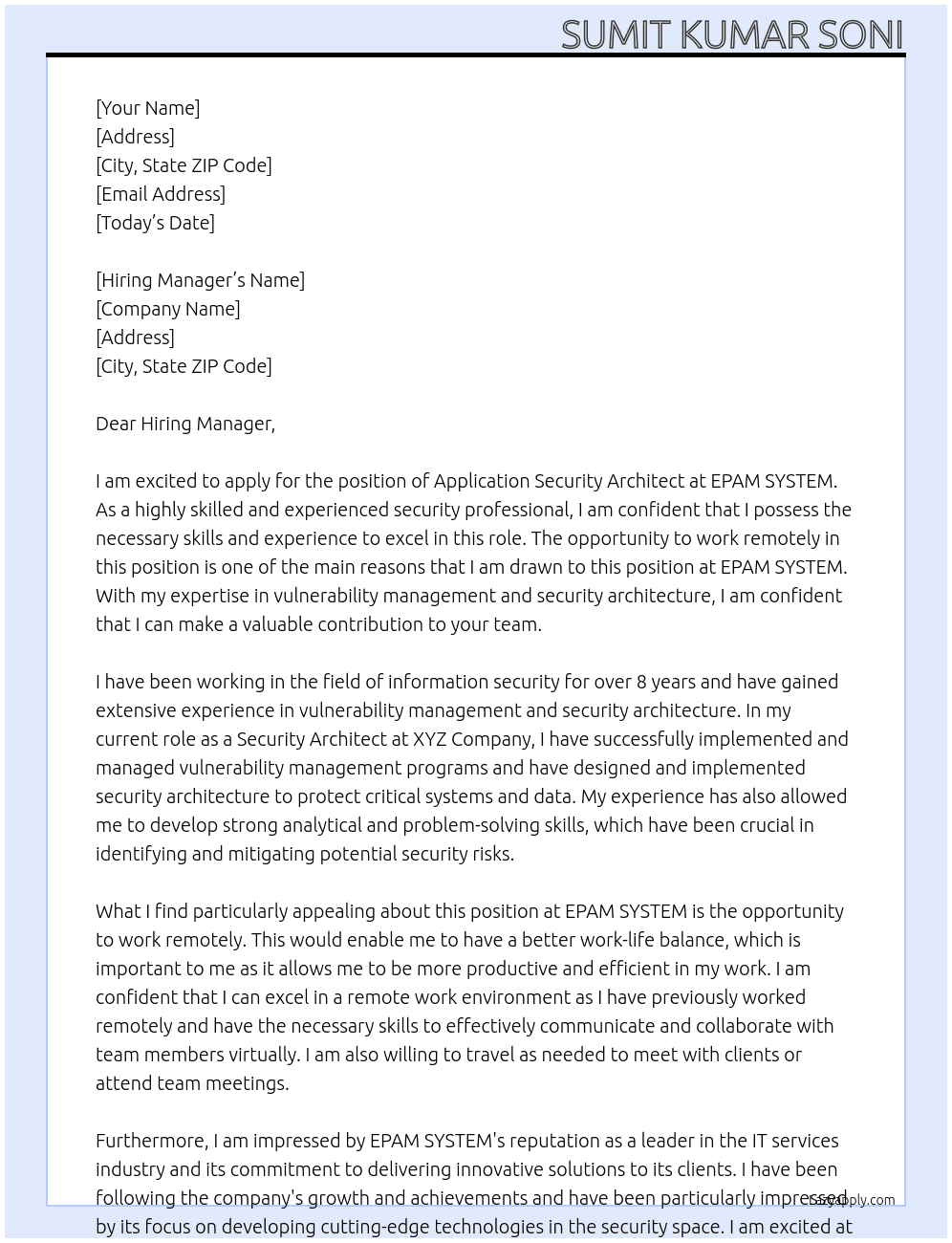 Application Security Architect - Remote  At EPAM SYSTEM Cover Letter