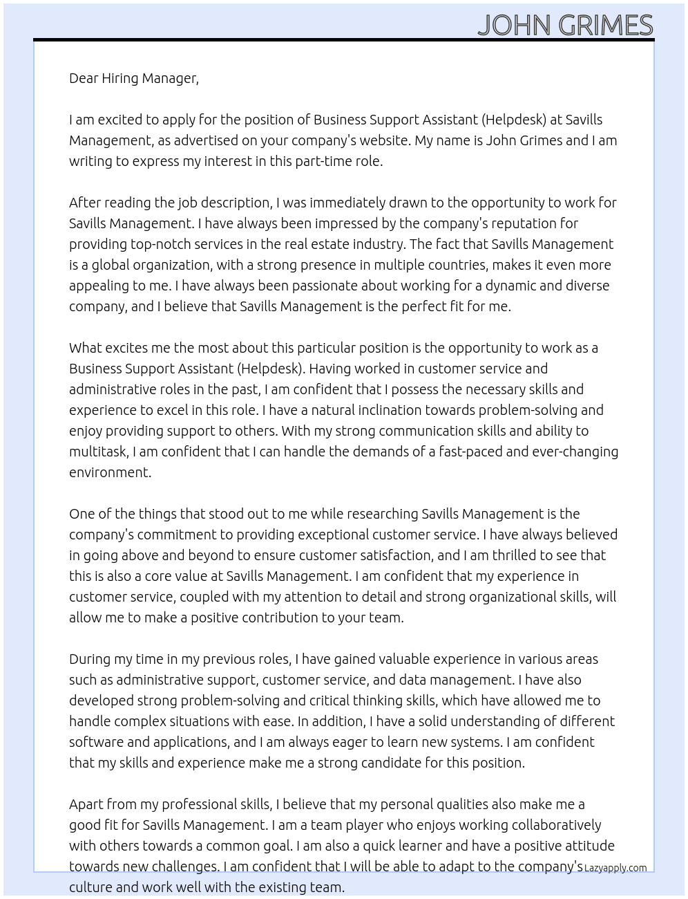 Business Support Assistant (Helpdesk) (Part-Time) At Savills Management Cover Letter