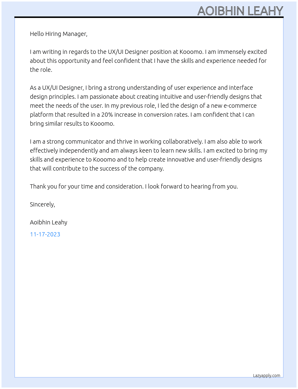 UX/UI Designer At Kooomo Cover Letter
