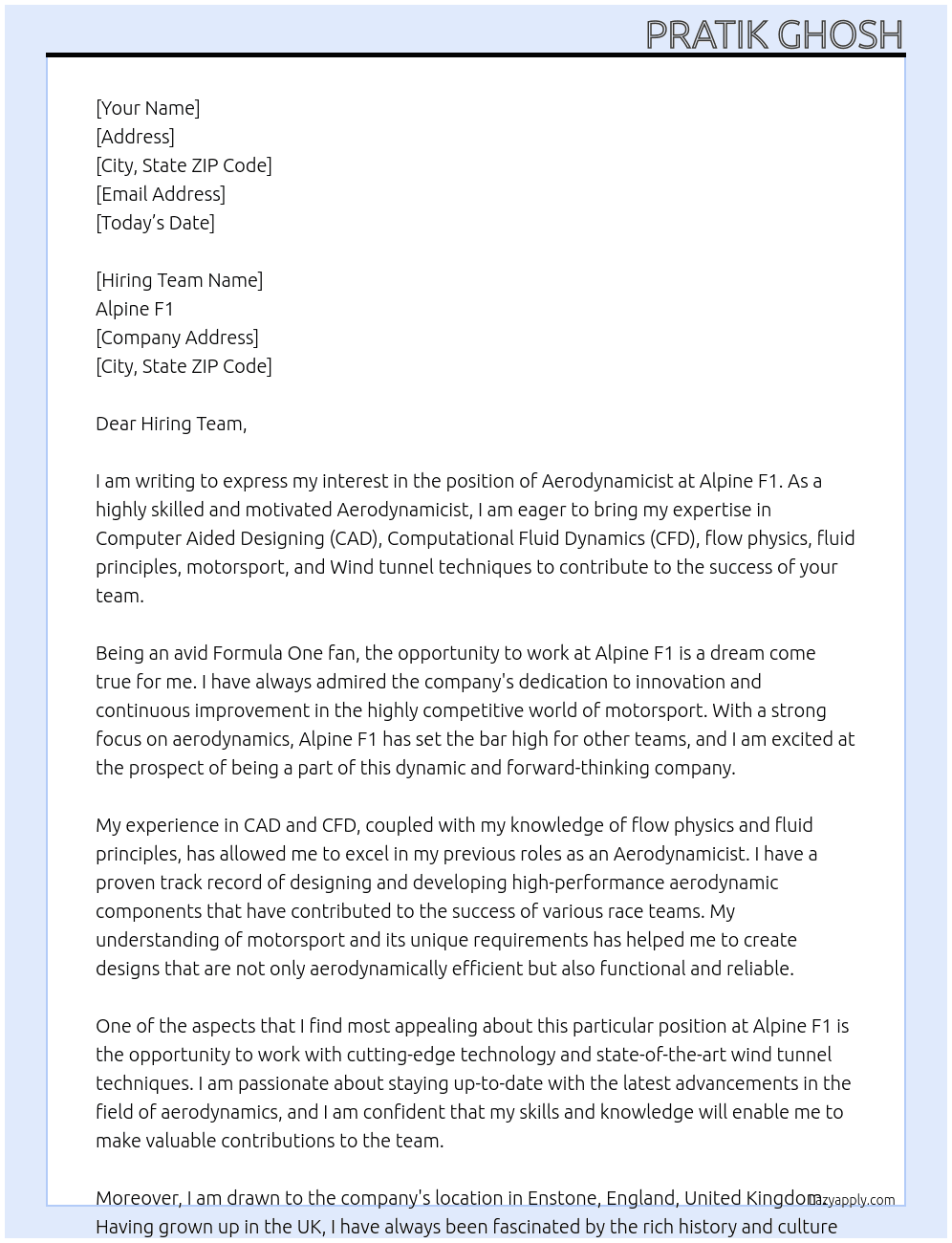 Aerodynamicist At Alpine F1 Cover Letter