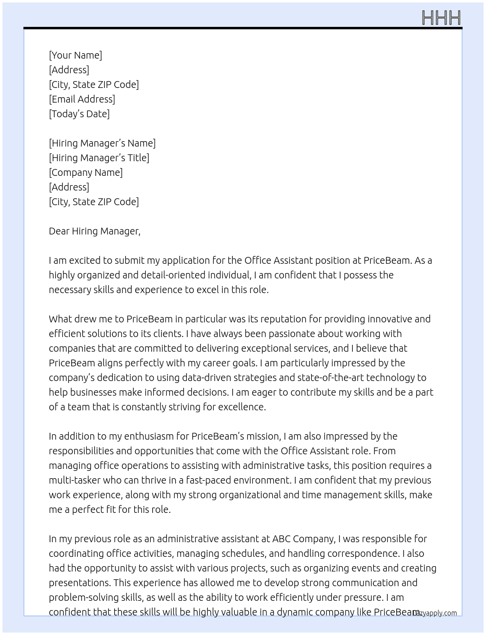 Office Assistant At PriceBeam Cover Letter