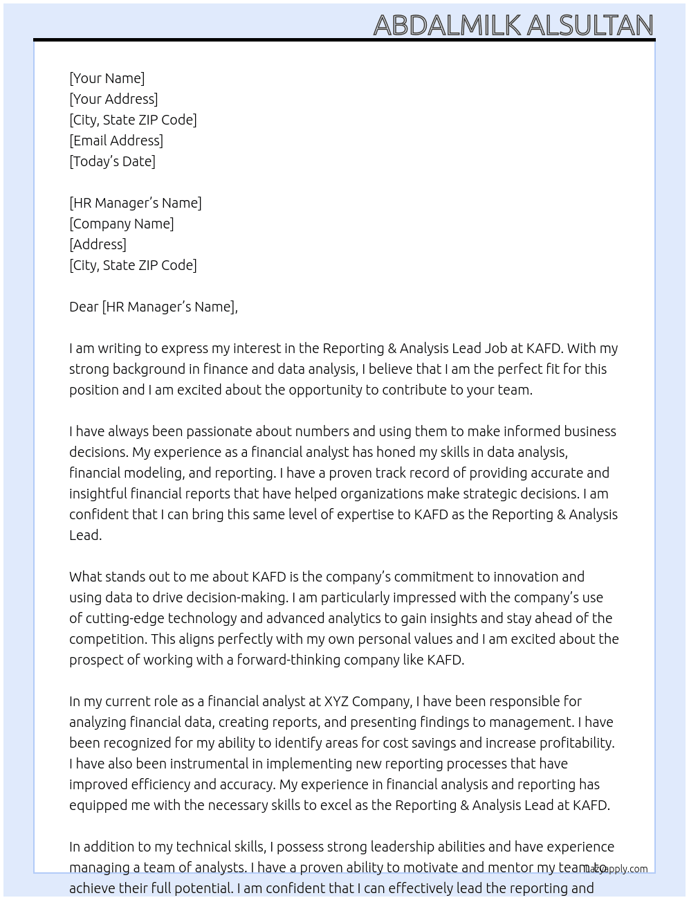 Reporting & Analysis Lead Job At KAFD Cover Letter
