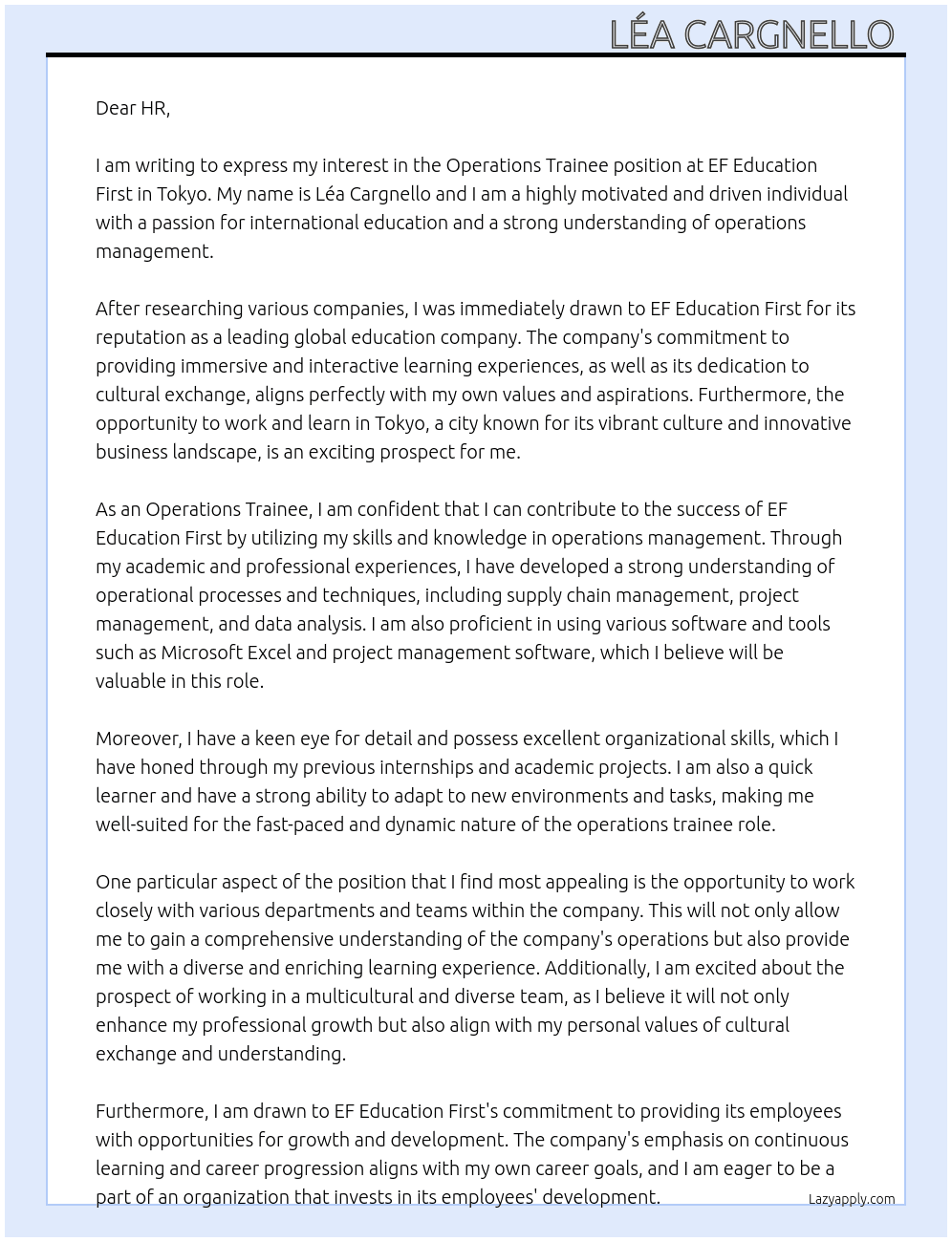 Cover letter for operations trainee - LazyApply