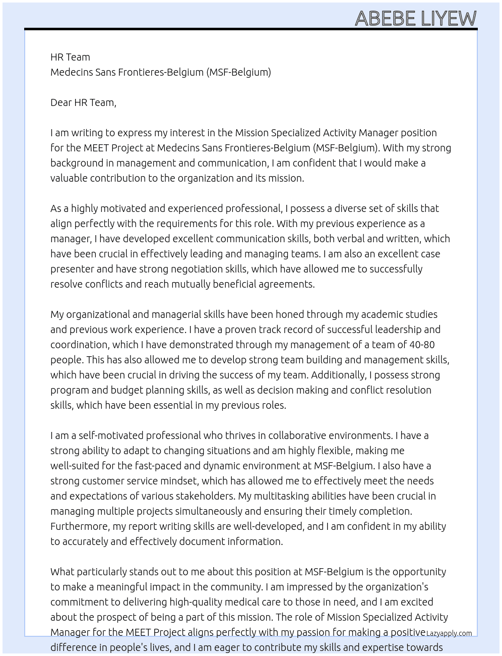 Cover letter for mission specialized activity manager - meet project - LazyApply