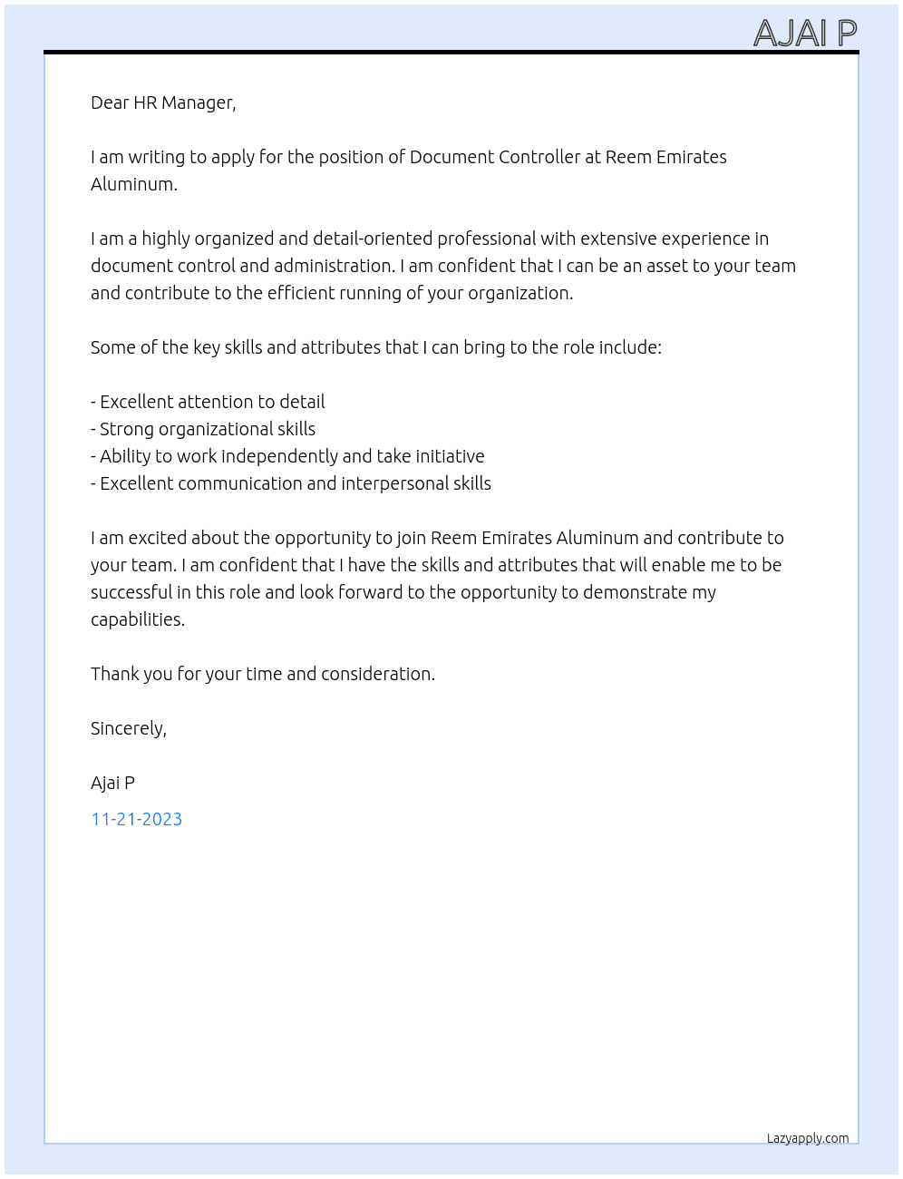 Document Controller At Reem Emirates Aluminum Cover Letter