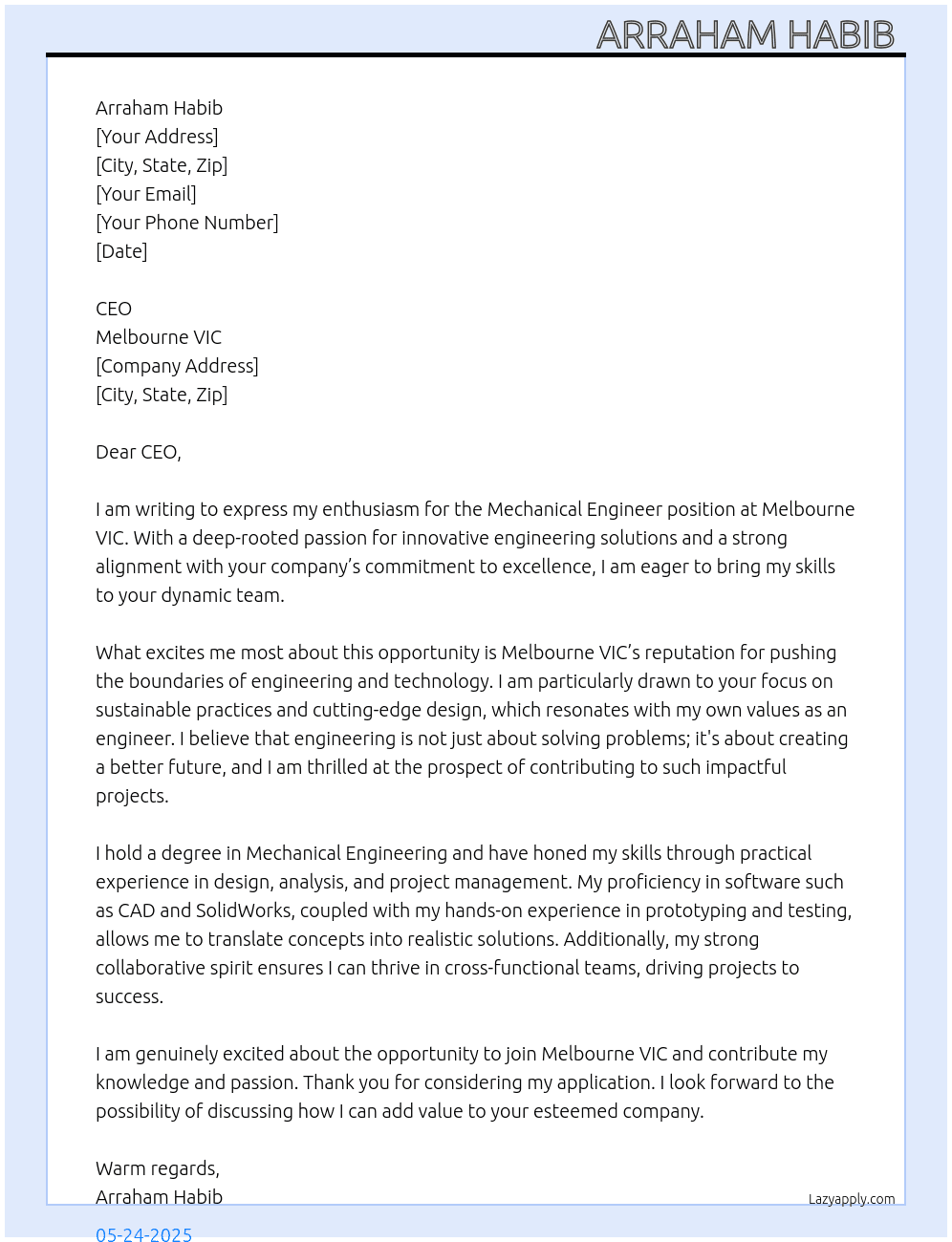 Mechanical Engineer  At Melbourne VIC Cover Letter