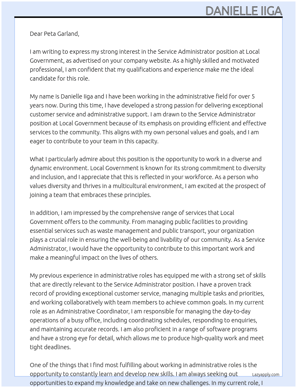 Service Administrator At Local government Cover Letter