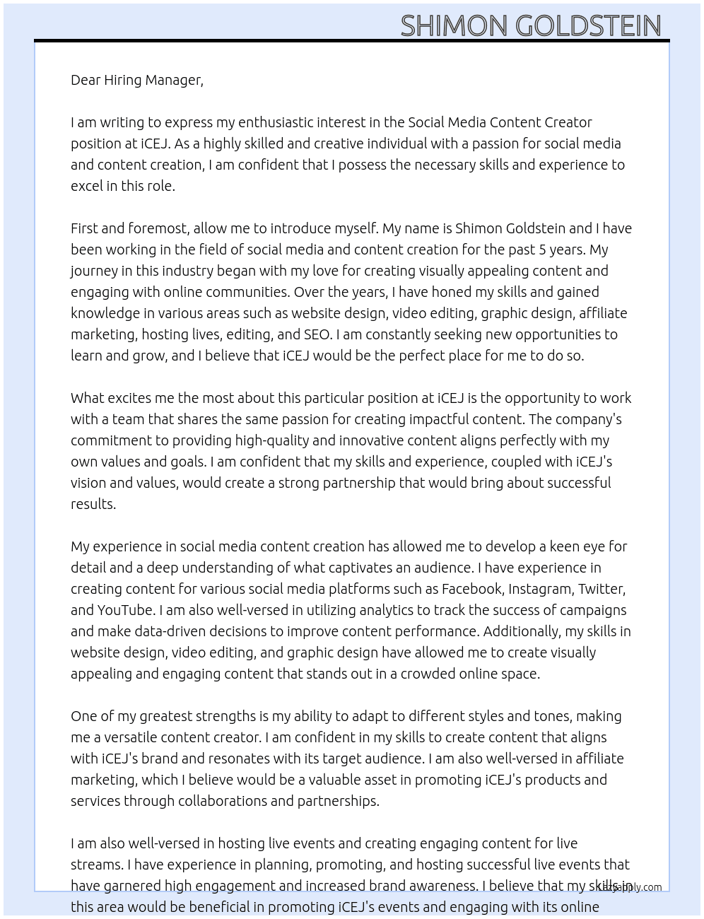 Social Media Content Creator At iCEJ Cover Letter