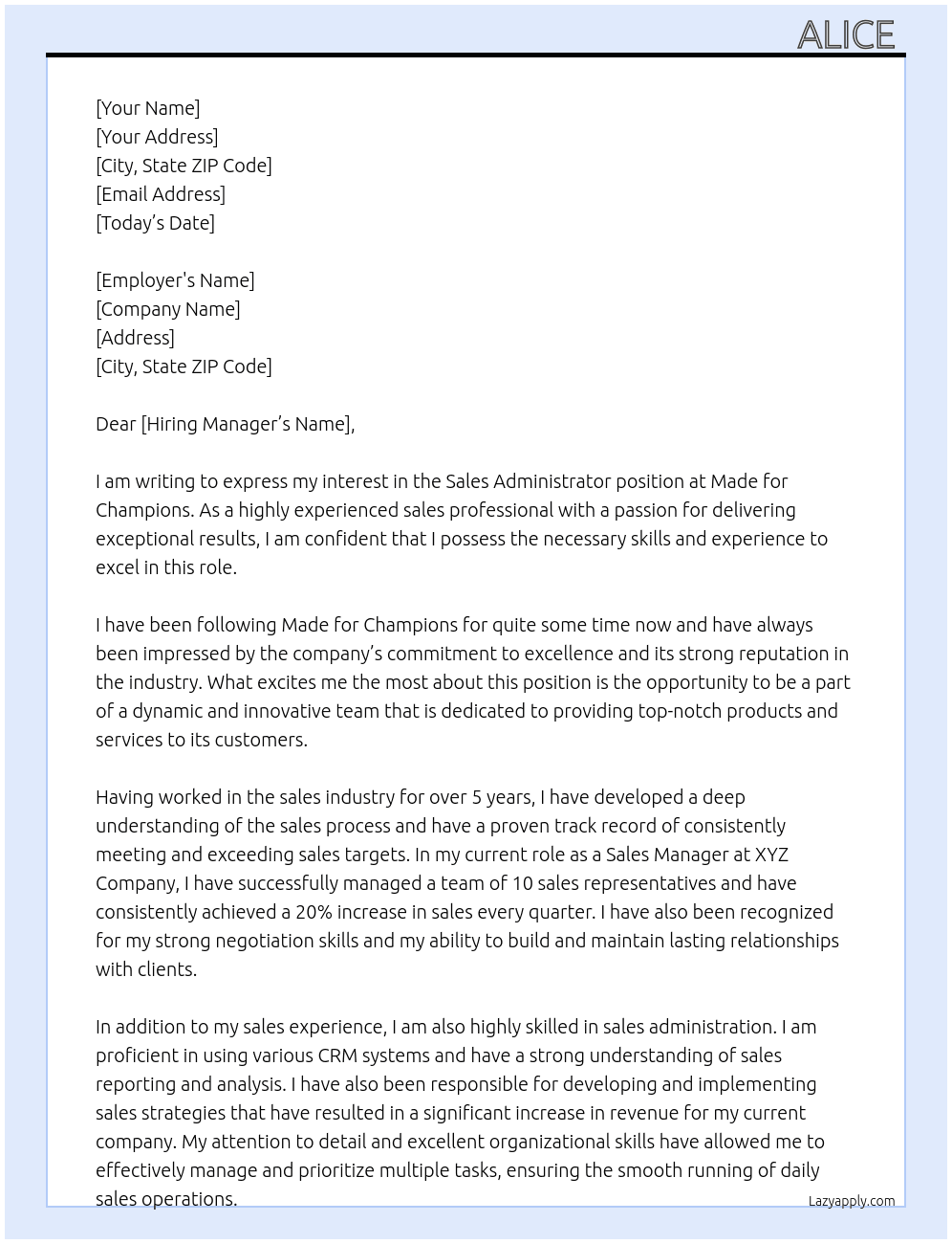 Sales Administrator At Made for champions Cover Letter