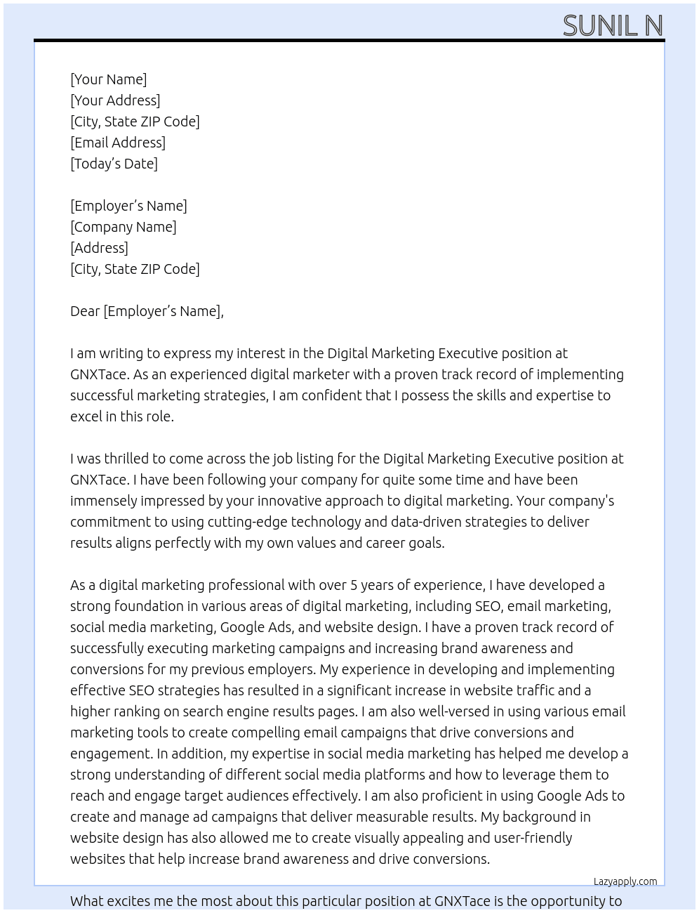Digital marketing executive  At GNXTace Cover Letter