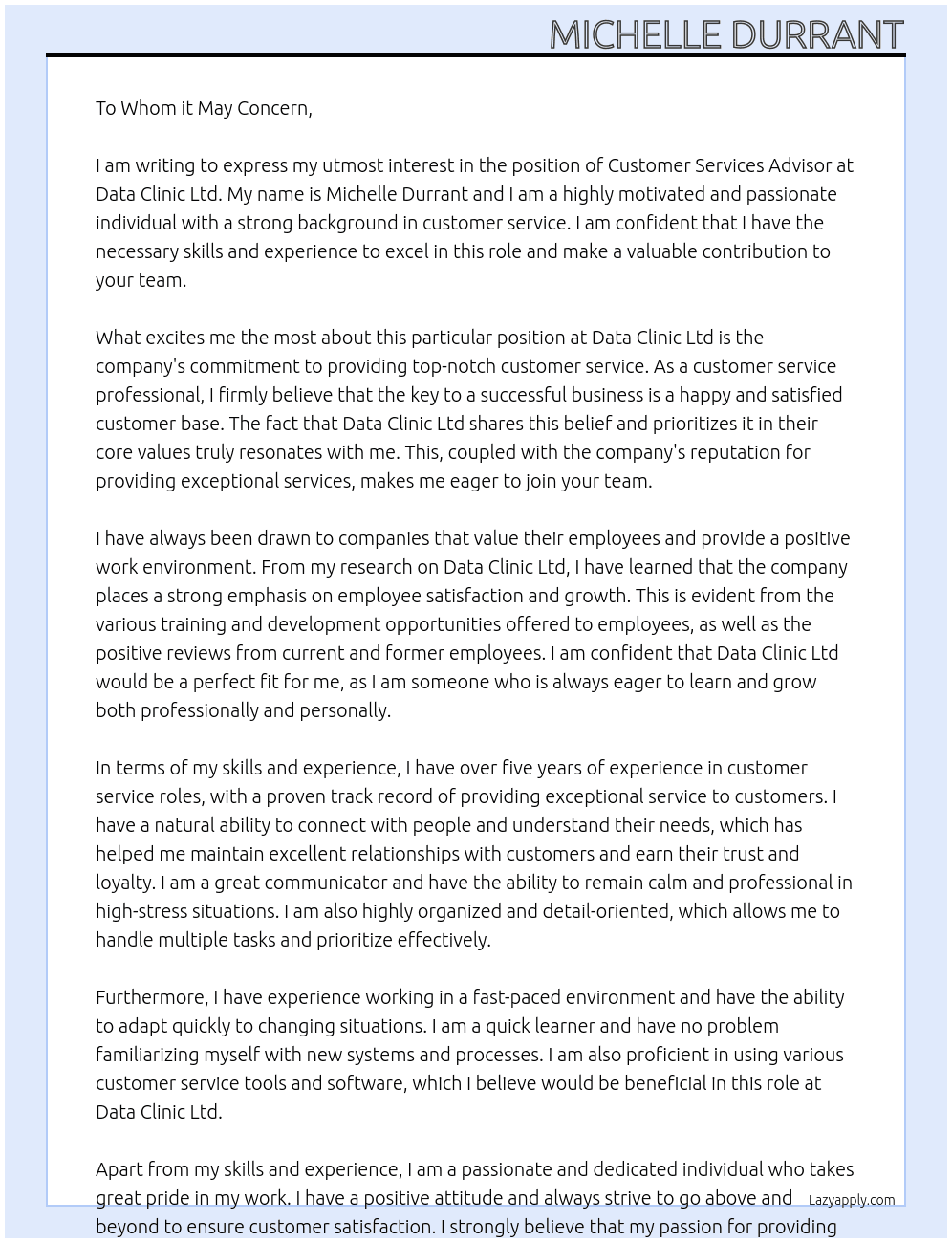 Customer Services Advisor At Data Clinic Ltd Cover Letter