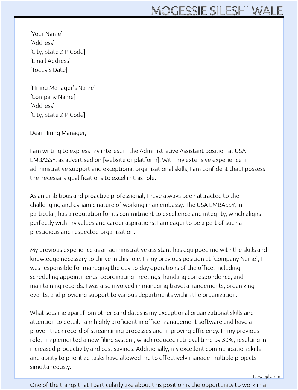 Administrative Assistant At USA EMBASSY Cover Letter