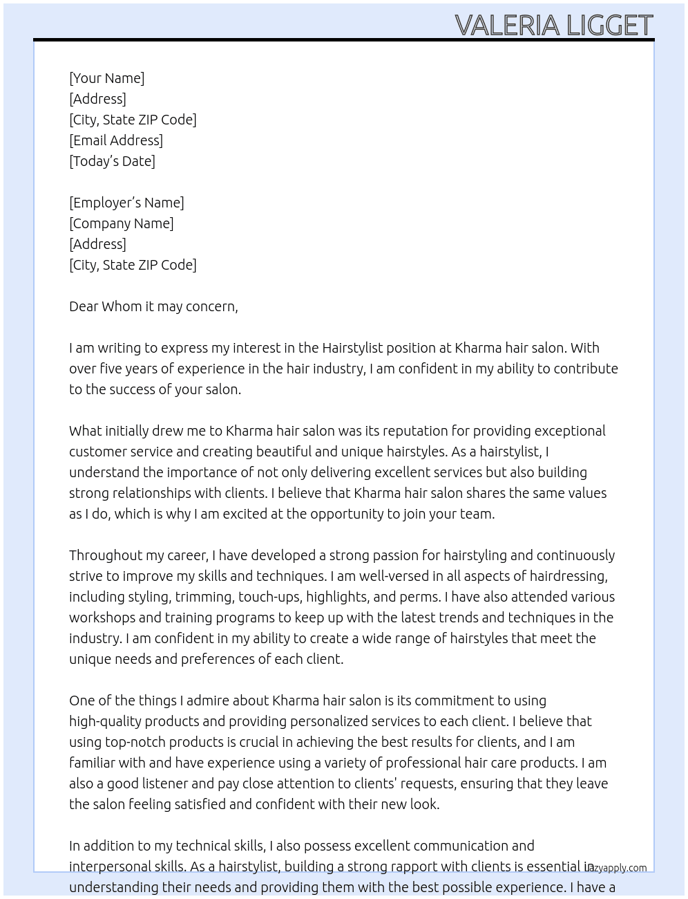 Hairstylist At Kharma hair salon Cover Letter