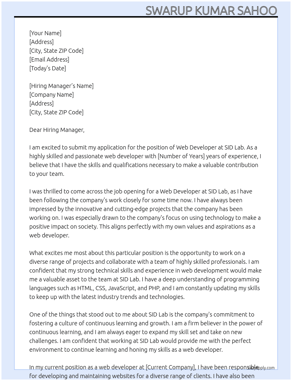 Web Developer At SID Lab Cover Letter