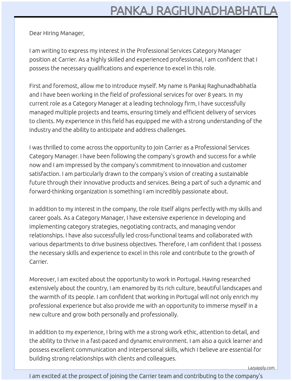Professional Services Category Manager At Carrier Cover Letter