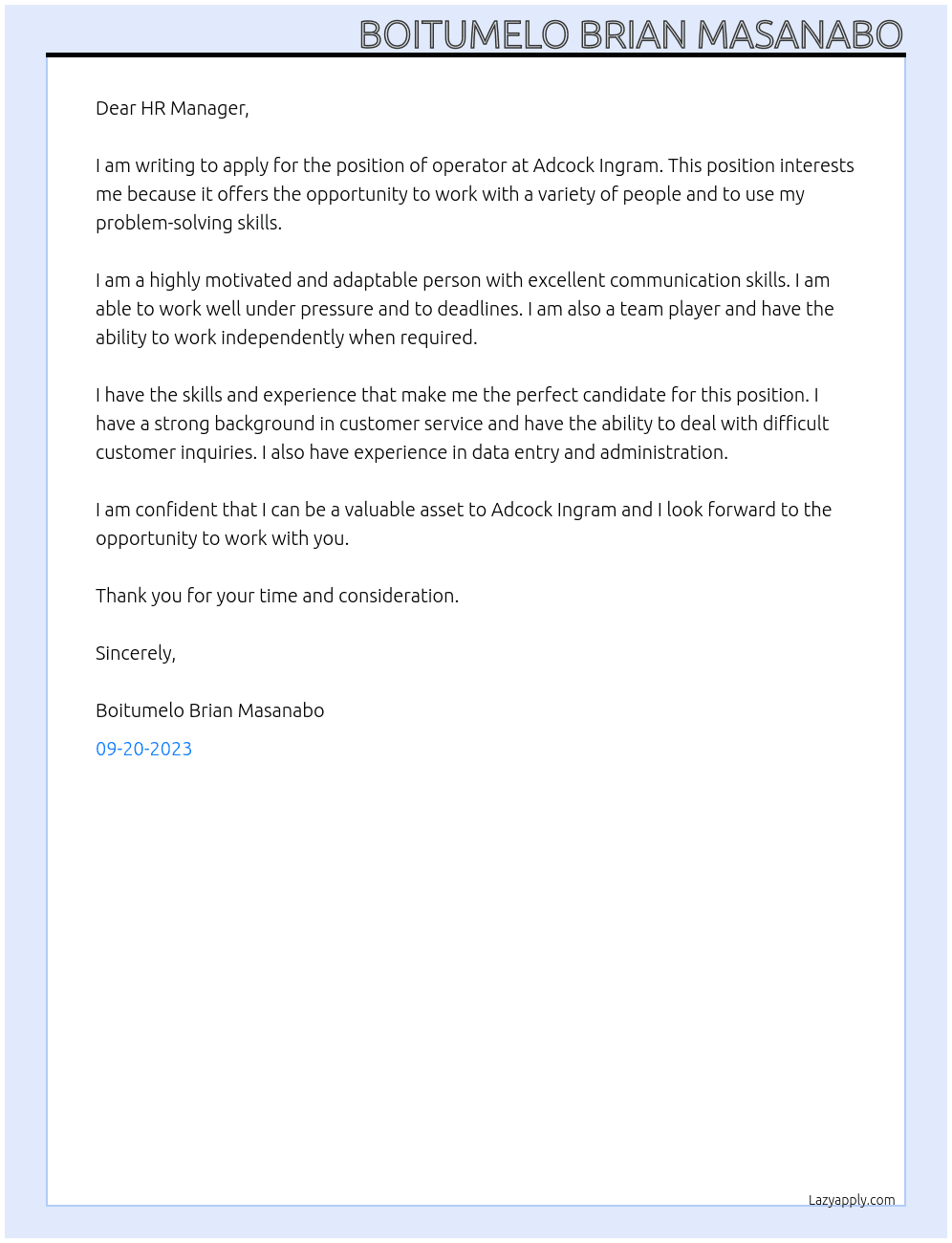operator At Adcock Ingram Cover Letter