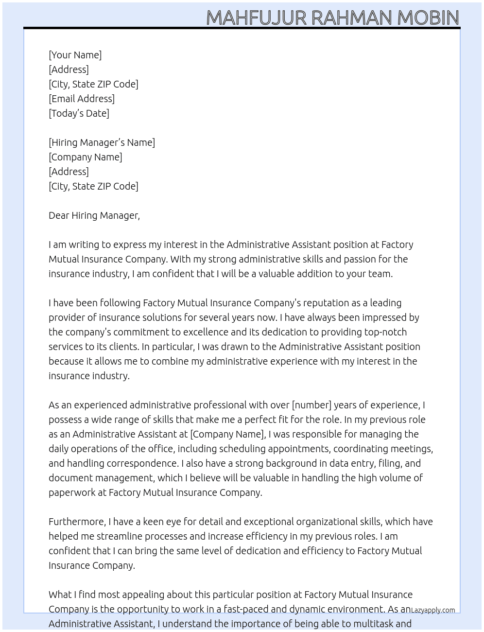 Administrative Assistant At  Factory Mutual Insurance Company Cover Letter