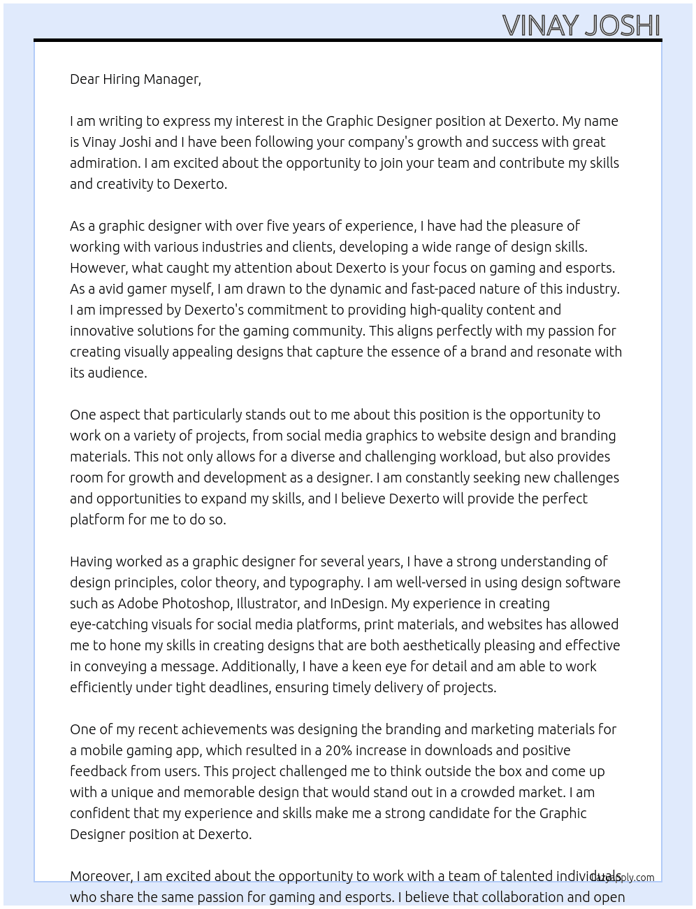 Graphic designer At Dexerto Cover Letter
