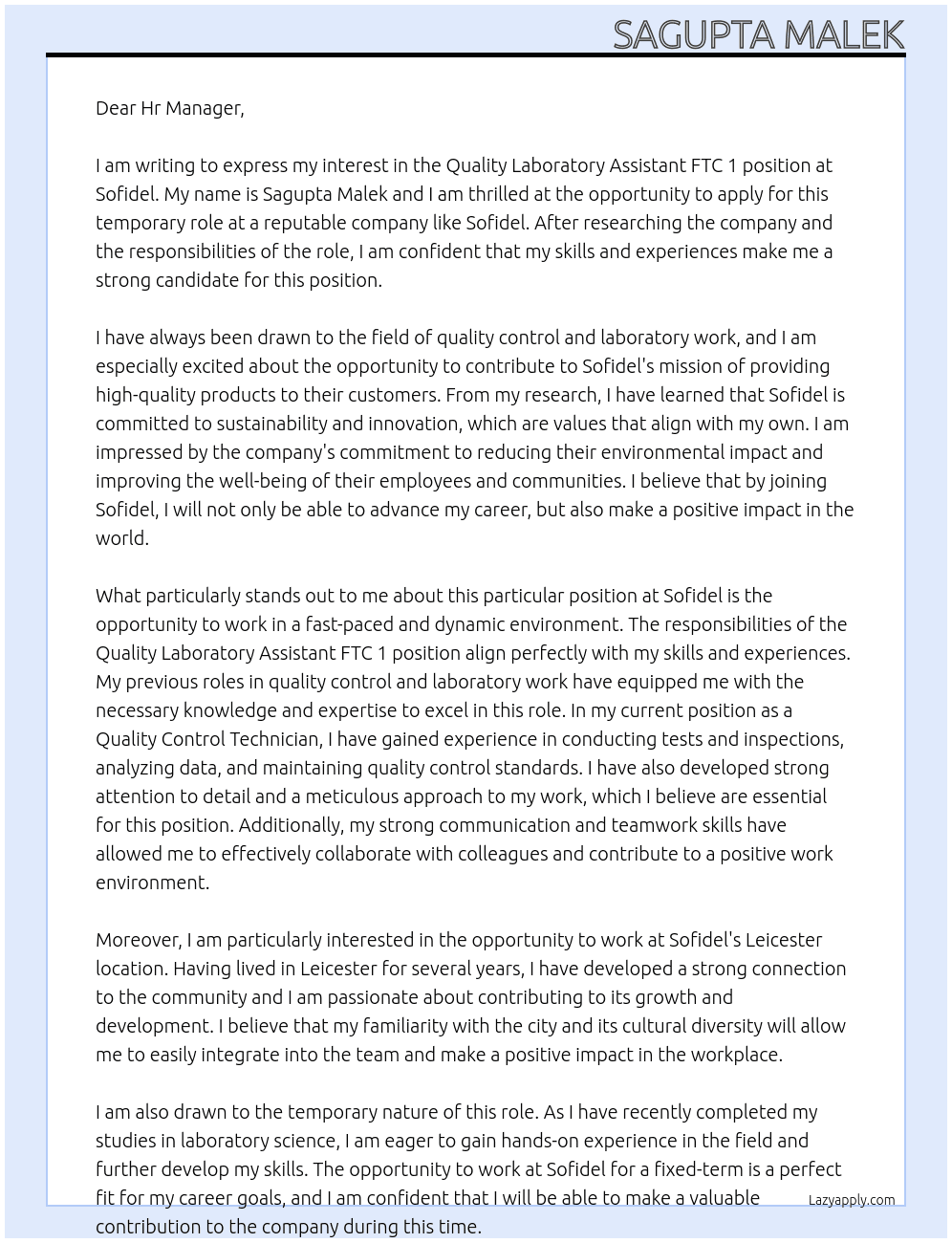Quality Laboratory Assistant FTC 1 At Sofidel Cover Letter