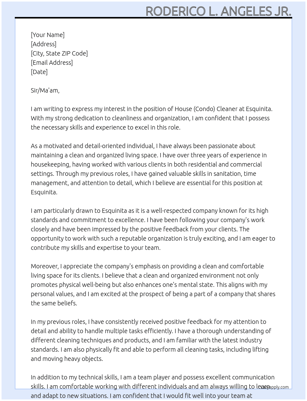 House (Condo) Cleaner At Esquinita Cover Letter