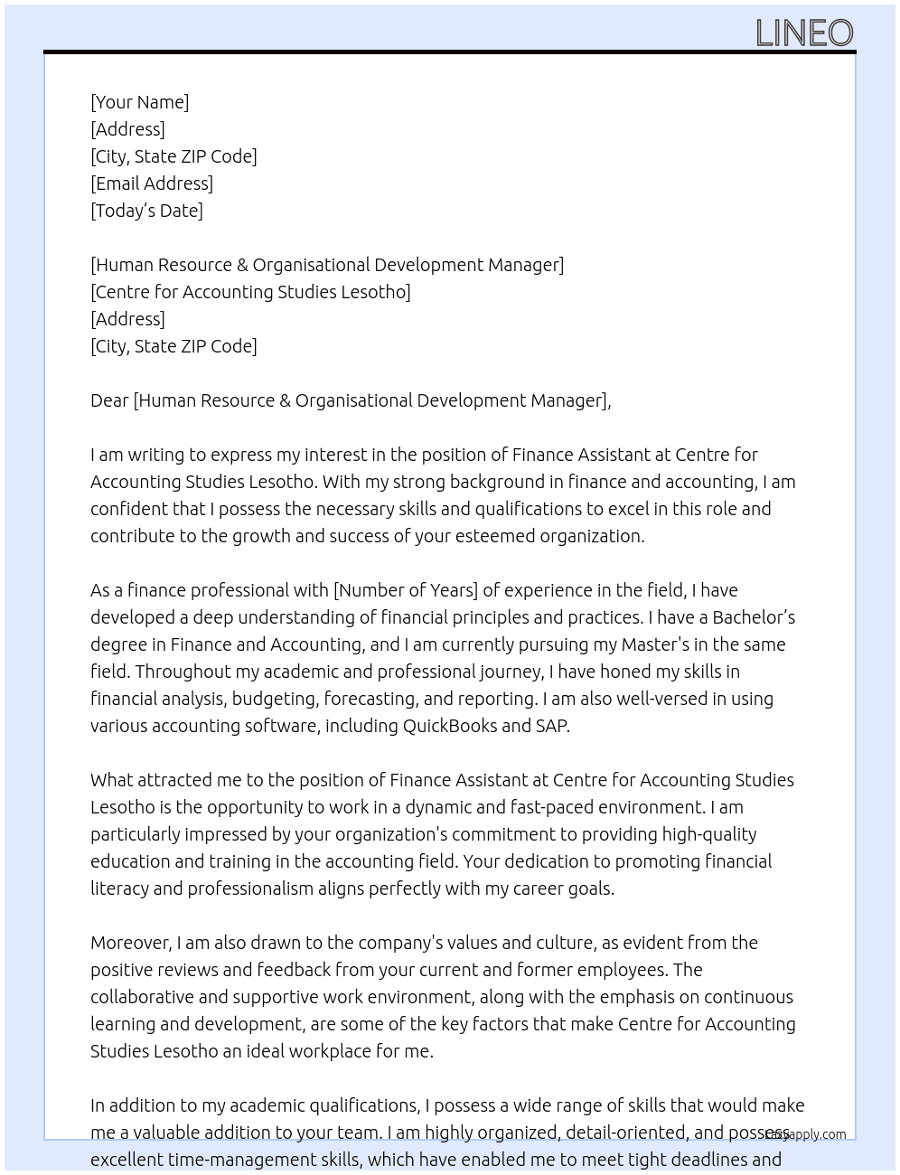 finance assistant At Centre for accounting studies Lesotho Cover Letter