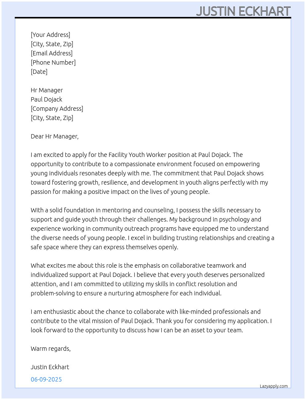 Facility Youth Worker At Paul Dojack Cover Letter