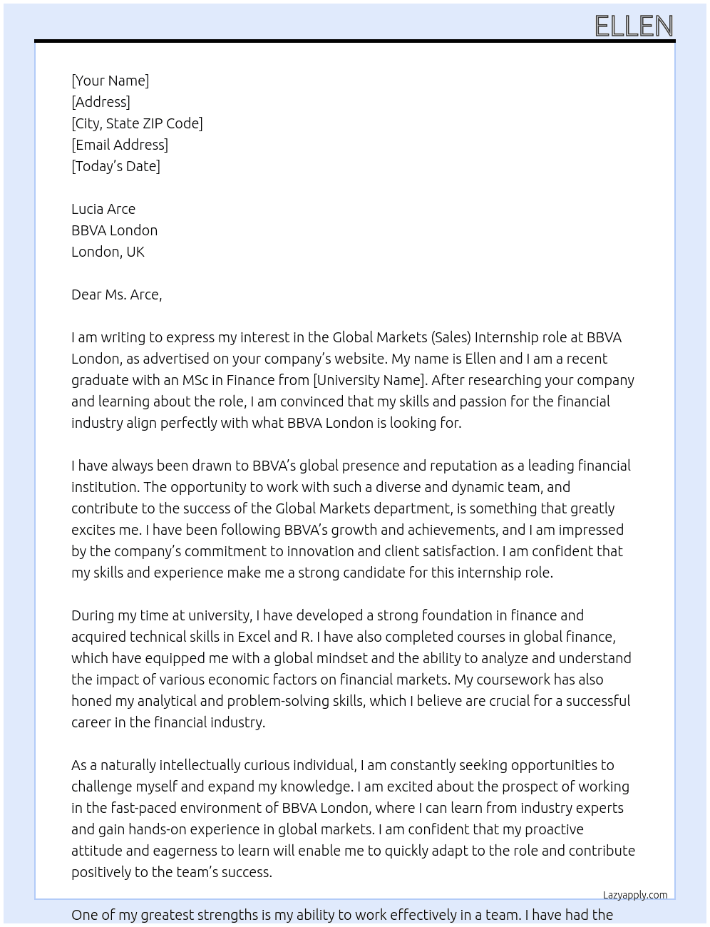 Global Markets (Sales) At BBVA London Cover Letter