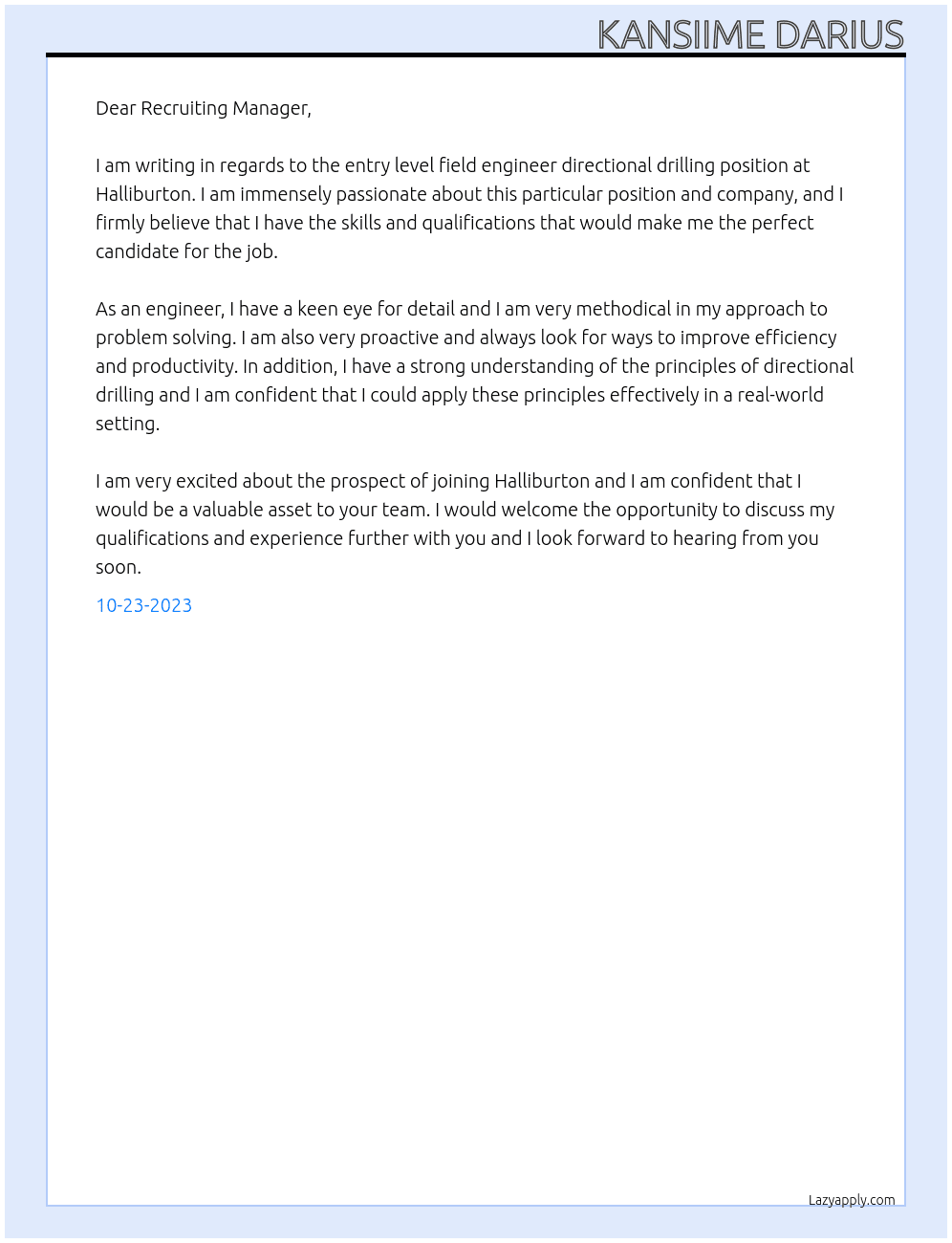 Entry Level Field Engineer Directional Drilling At Kansiime Darius Cover Letter