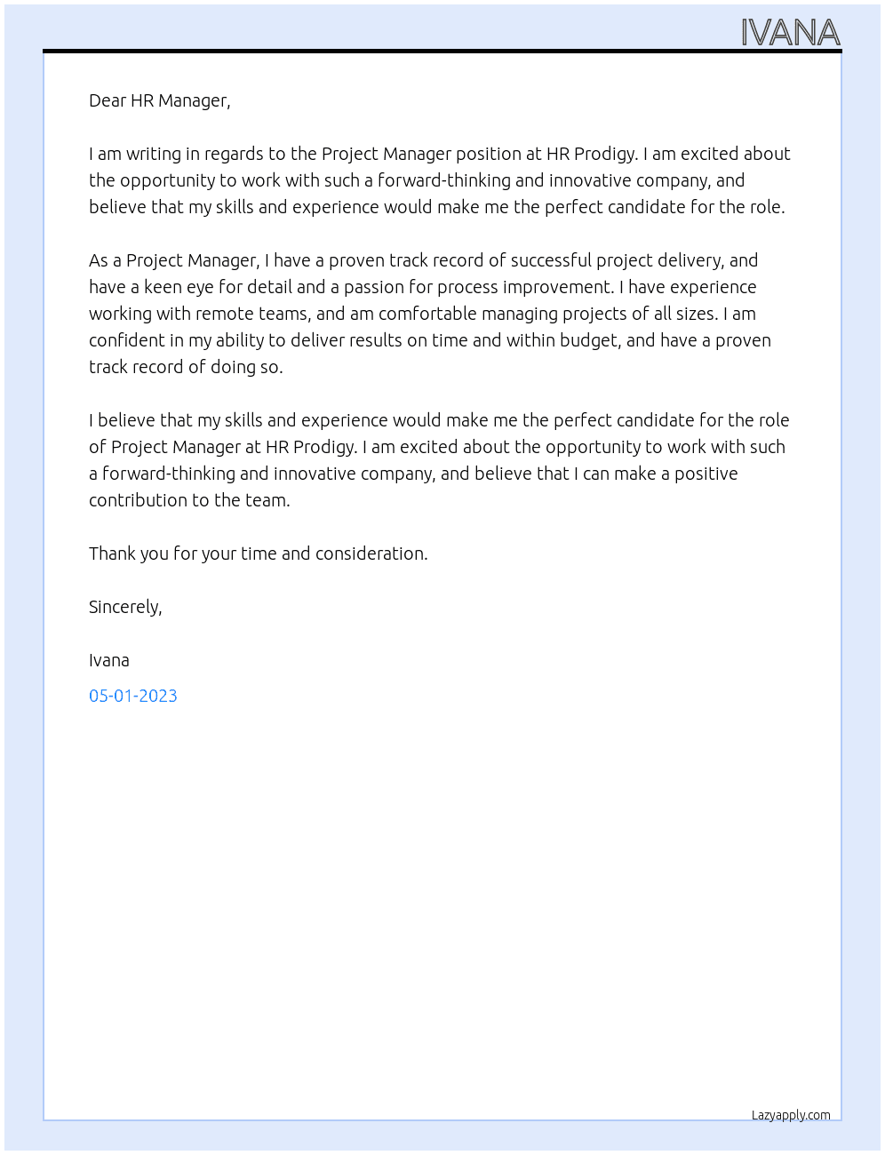 Project manager At HR prodigy Cover Letter