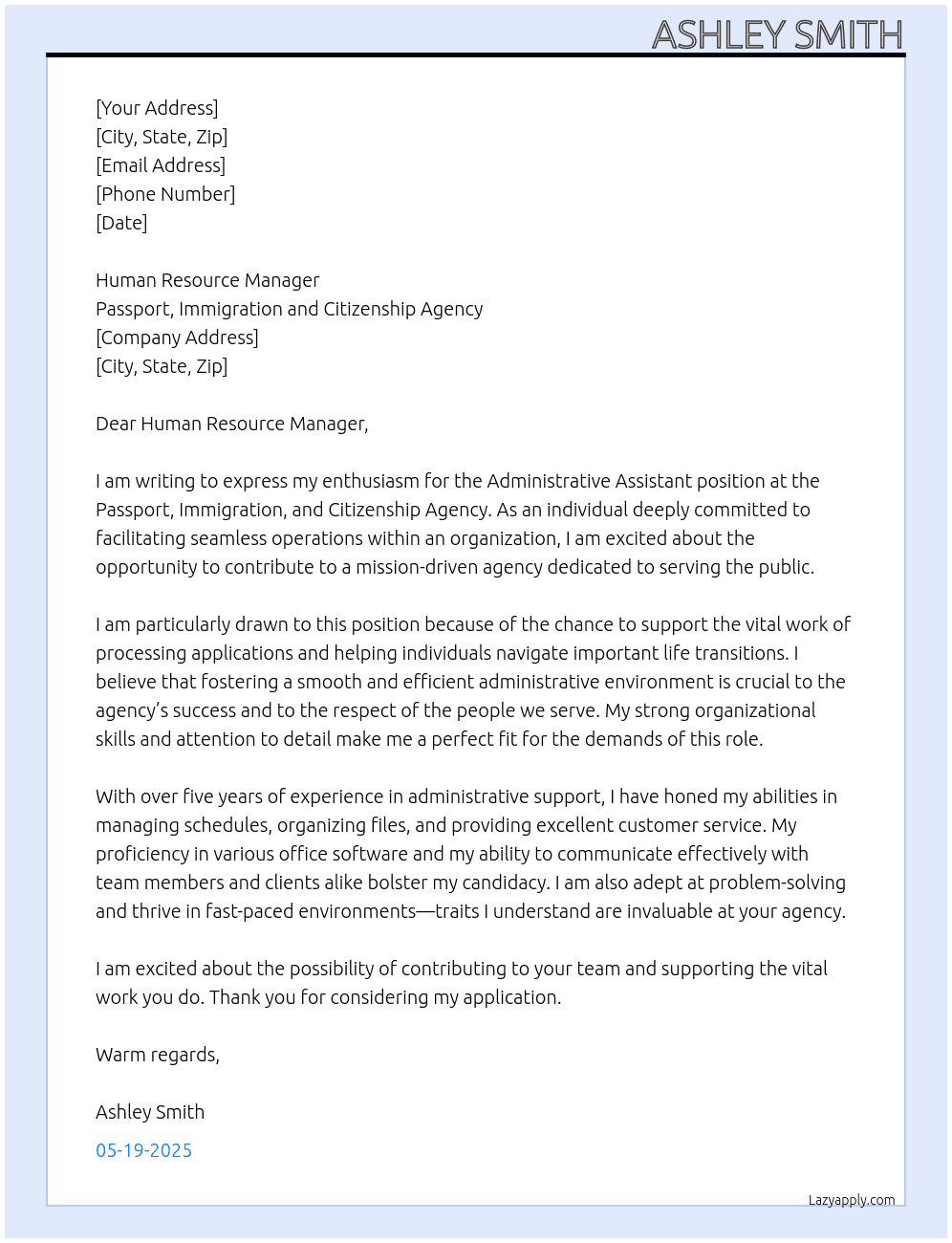 Administrative Assistant  At Passport, Immigration and Citizenship Agency Cover Letter