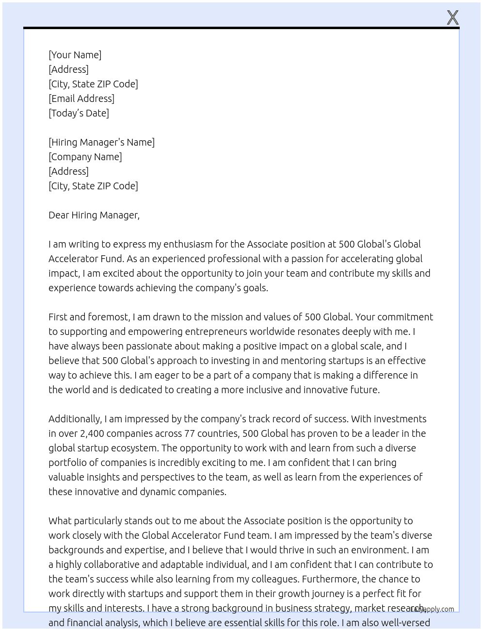 Associate, Global Accelerator Fund At 500 Global Cover Letter