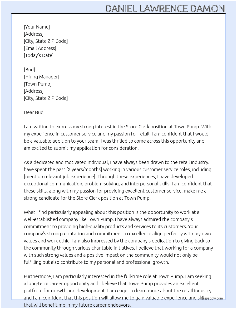 Store Clerk At Town Pump Cover Letter