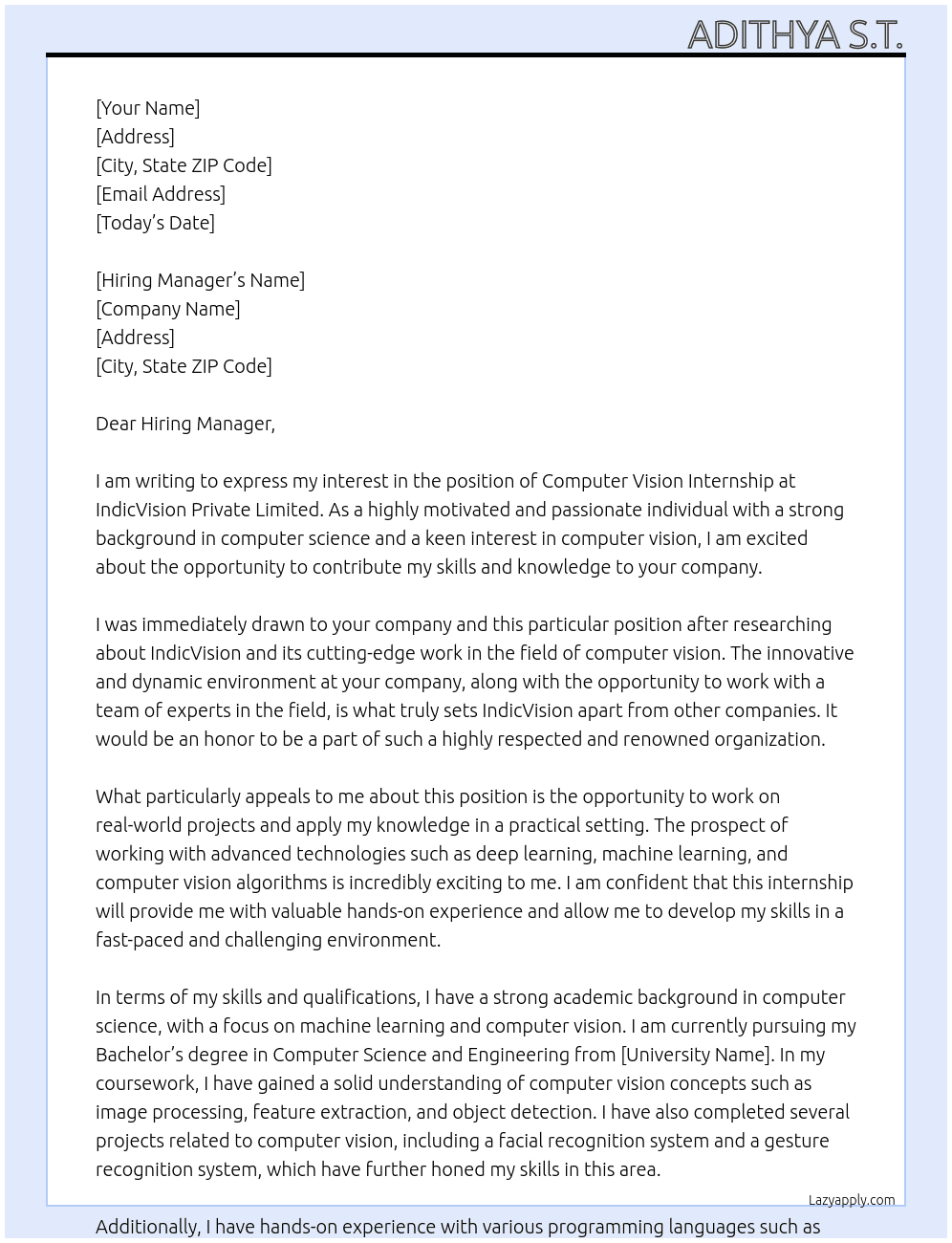 Cover letter for computer vision internship - LazyApply