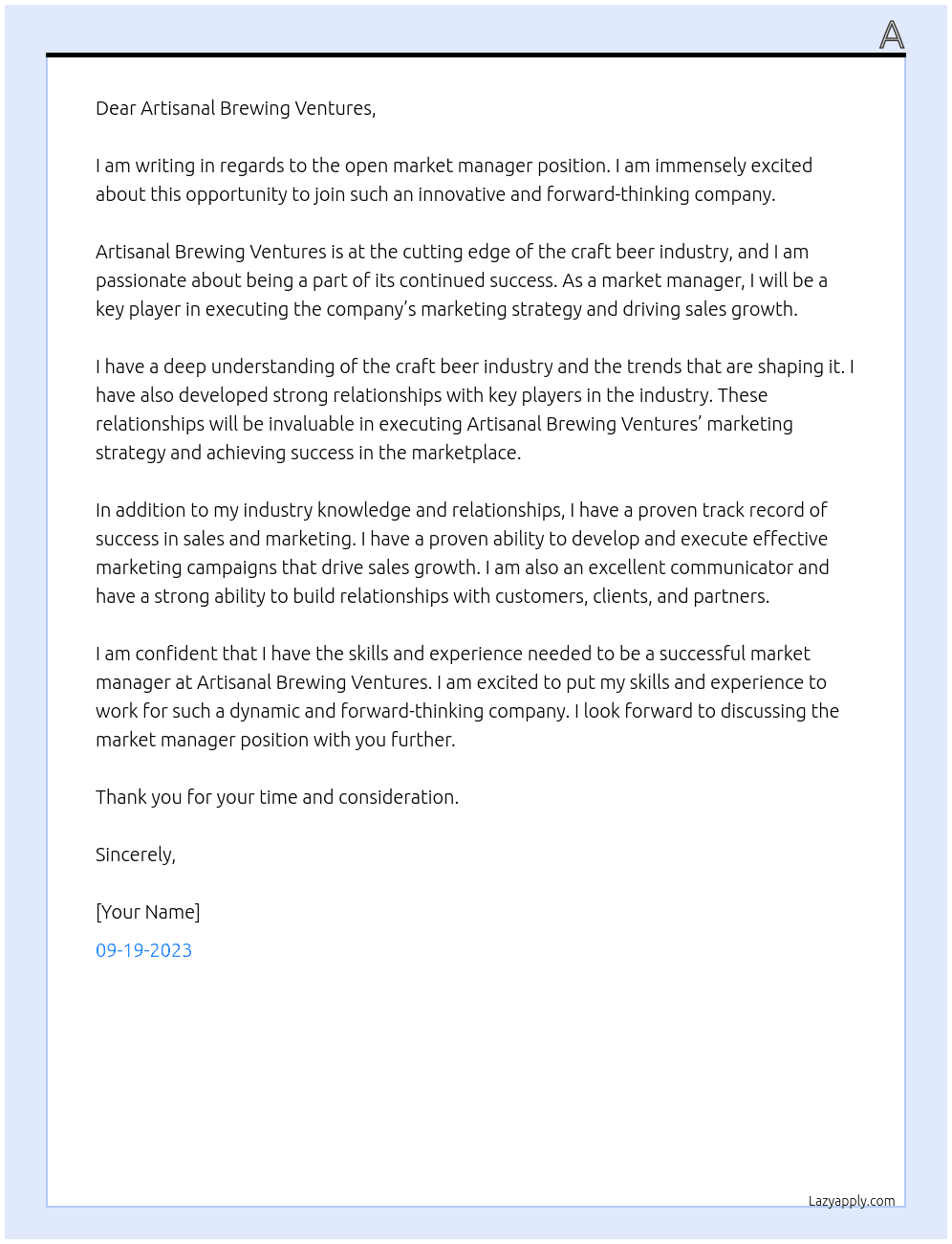 market manager  At Artisanal Brewing Ventures Cover Letter