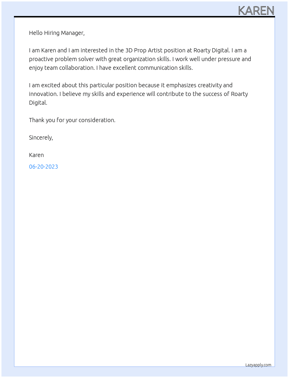 3D Prop Artist At Roarty Digital Cover Letter
