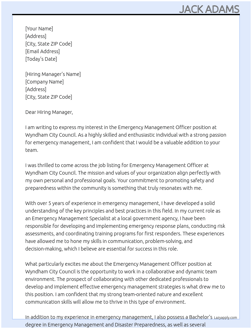 Emergency Management Officer At Wyndham City Council Cover Letter