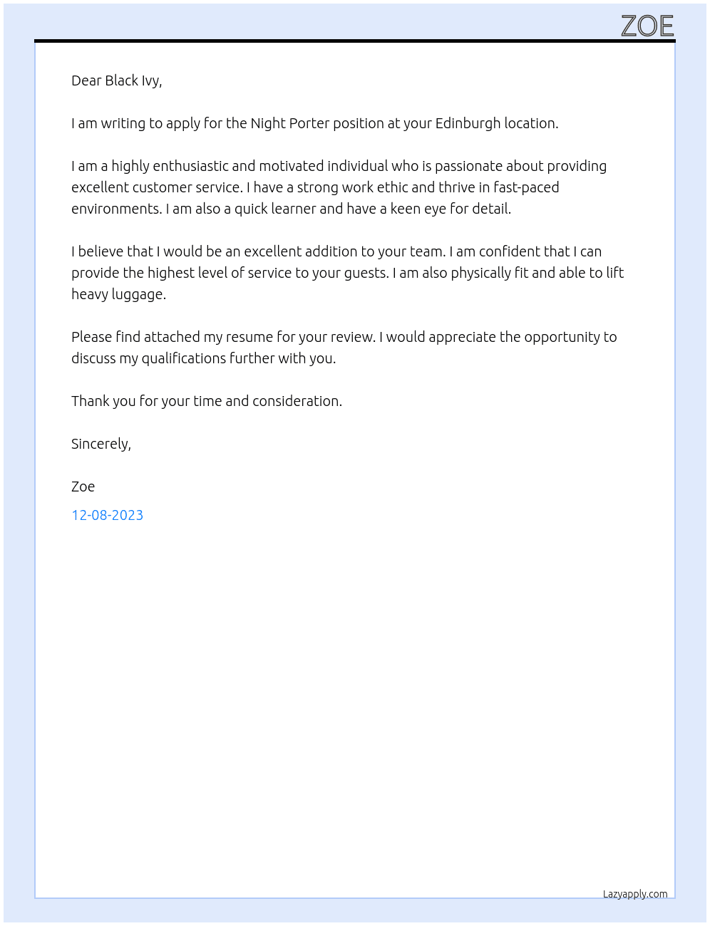 Night porter At Black Ivy  Cover Letter