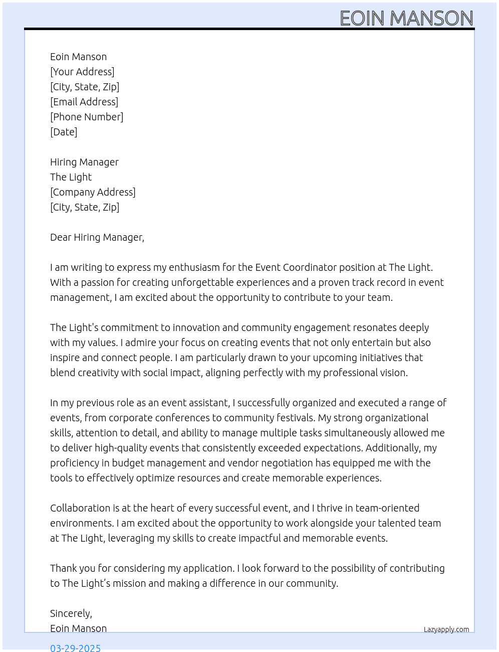 Event Co-Ordinator At The Light Cover Letter