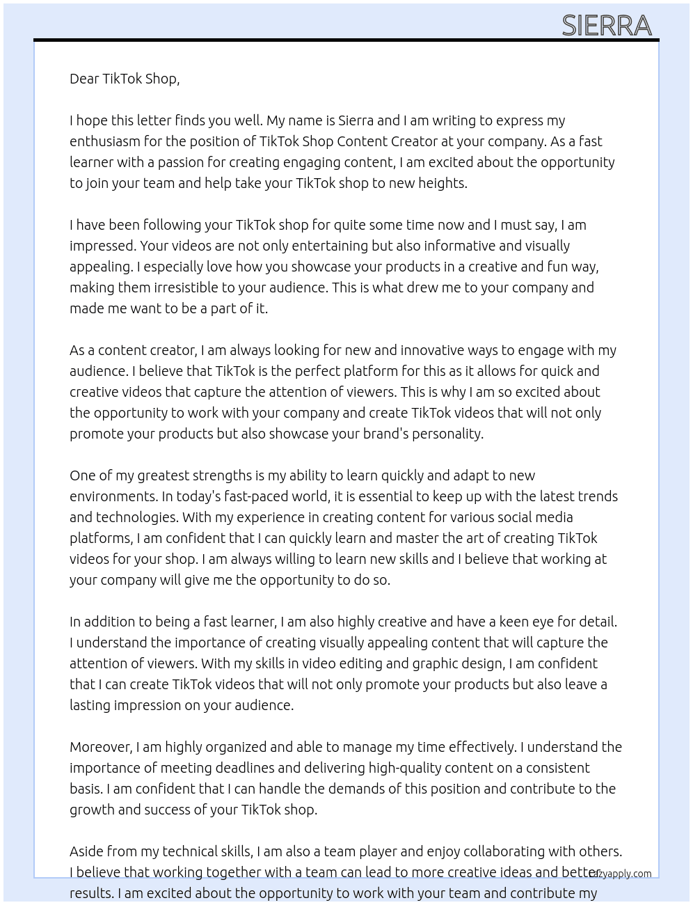 TikTok shop content creator At TikTok shop  Cover Letter