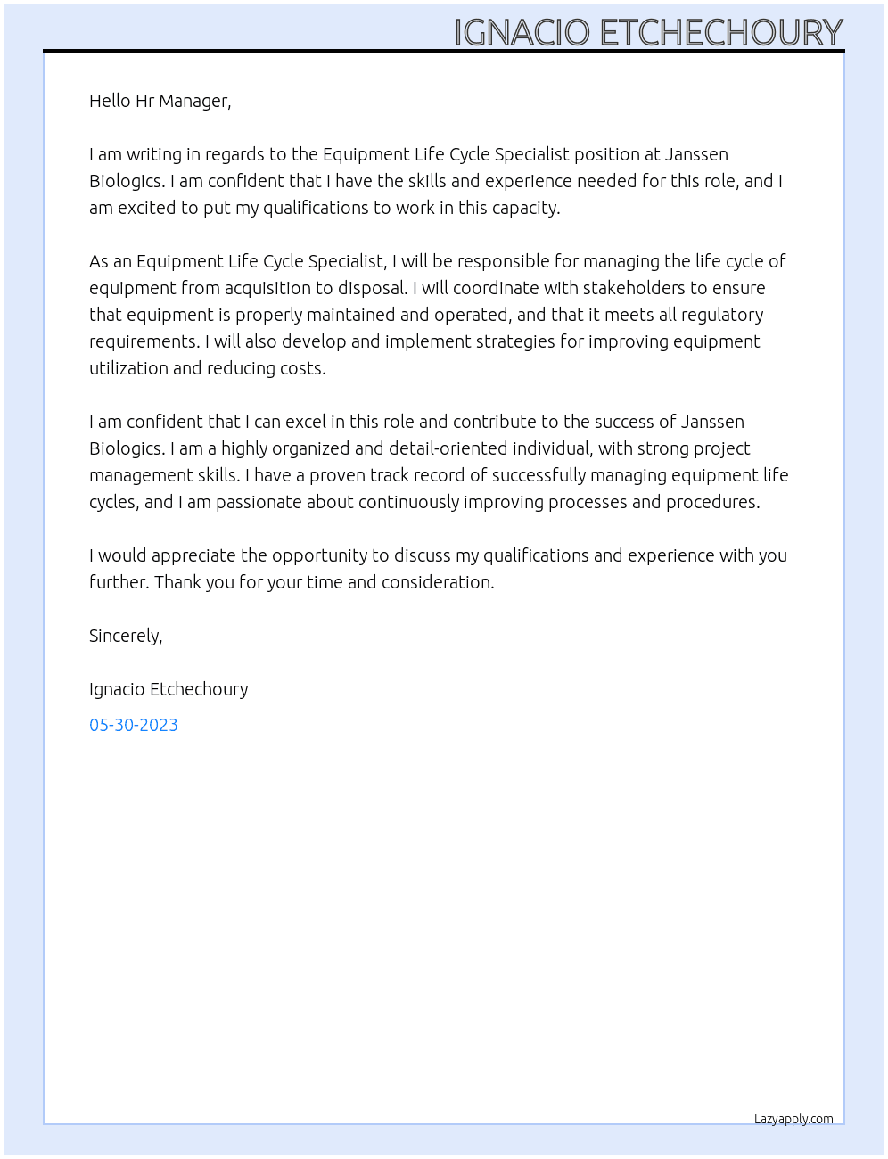 Equipment Life Cycle Specialist At Janssen Biologics Cover Letter