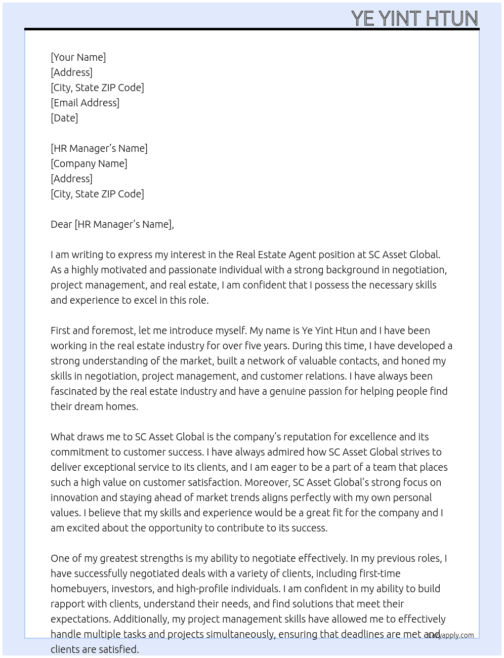 Real estate agents  At SC asset Global Cover Letter